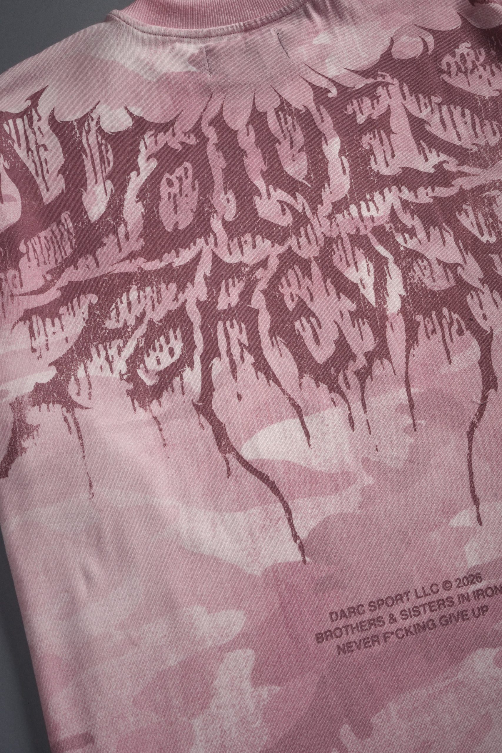Drip Hesh WLVS FRVR Unisex Premium Oversized Tee in Blush Vintage Woodland Camo - Image 3