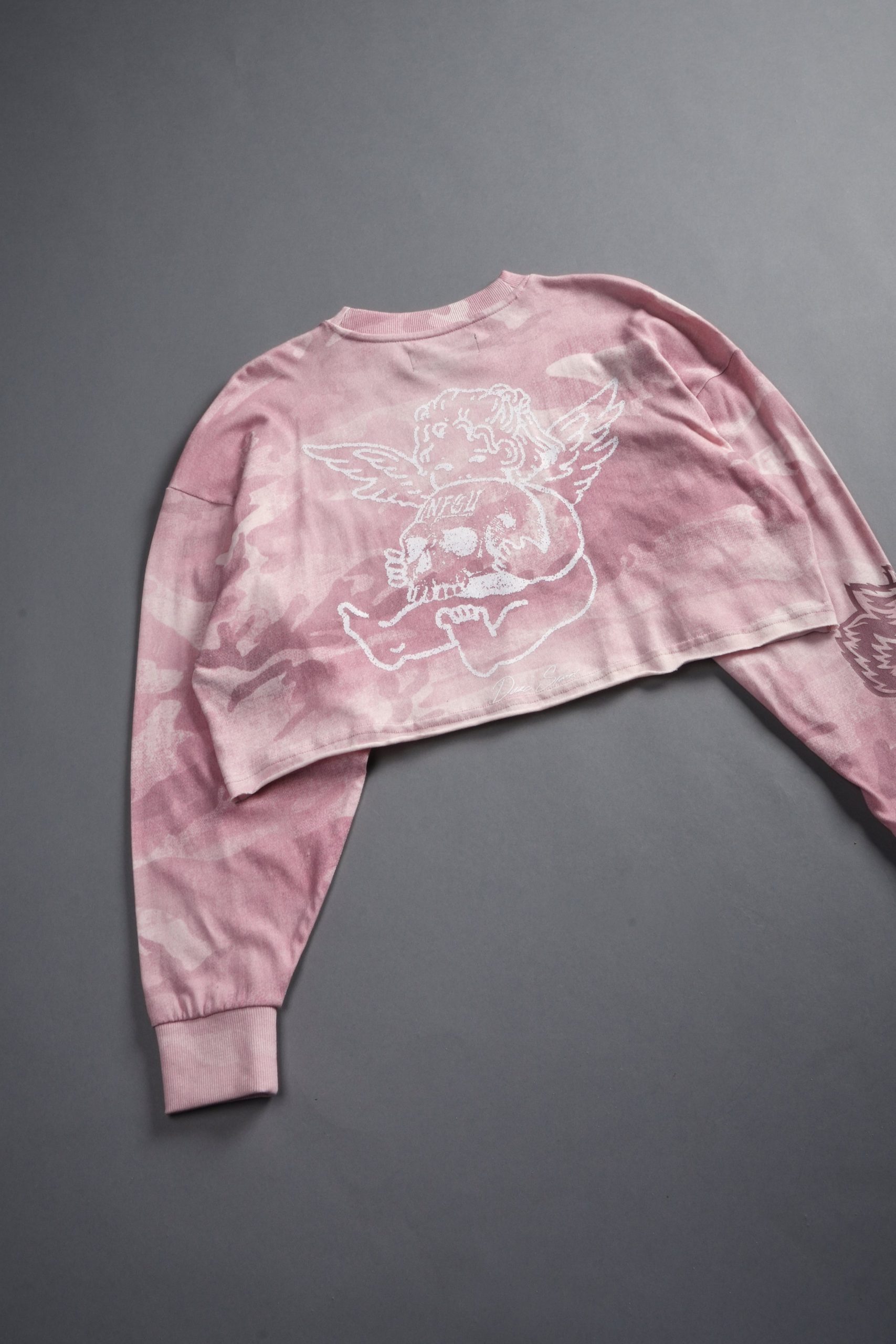 Cherub and the Skull Premium Oversized Cropped L/S Tee in Blush Vintage Woodland Camo - Image 15