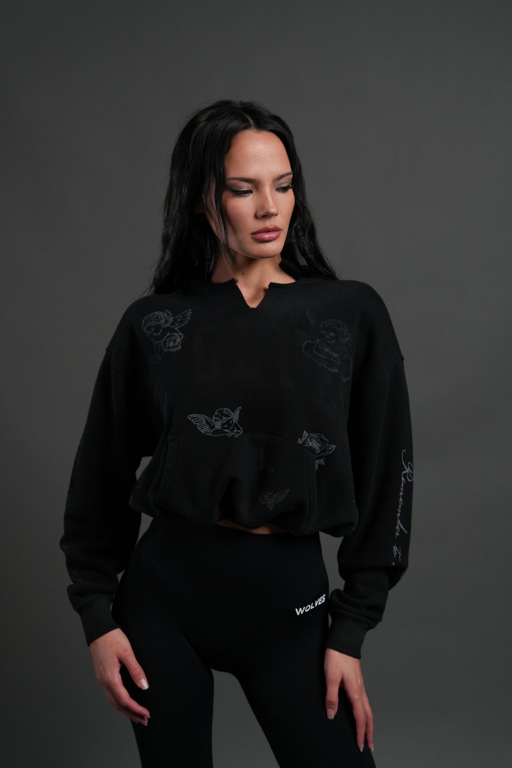 Fallen Cherub Dempsey Cropped Hoodie in Black Drift Wash