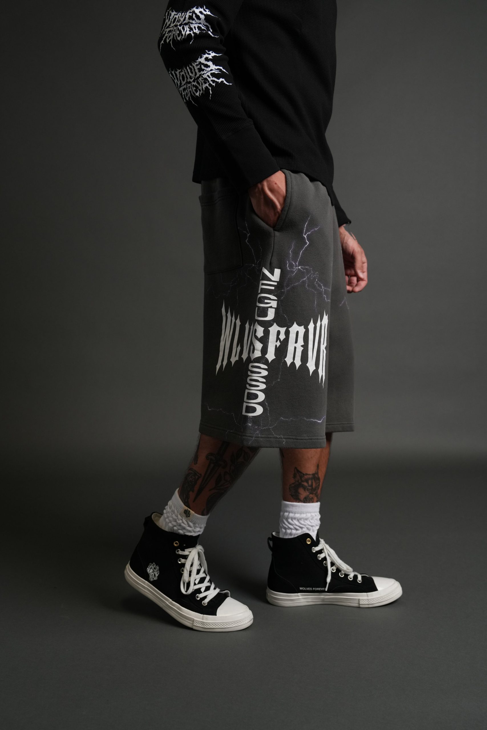 Iron Code Oversized Osiris Sweat Shorts in Wolf Gray Drift Wash - Image 5