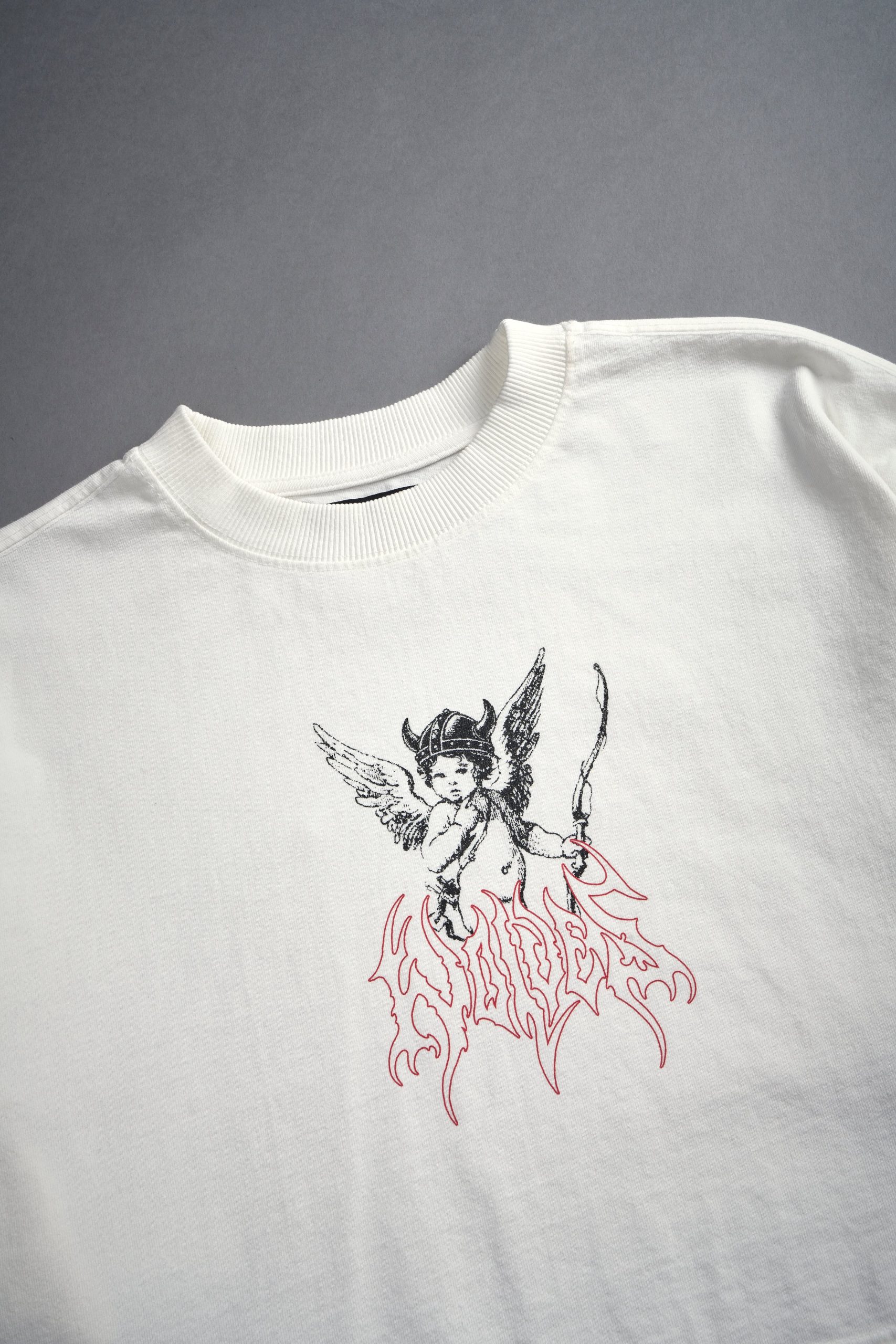 Viking Cherub Grunge Oversized (Cropped) Tee in Cream - Image 7