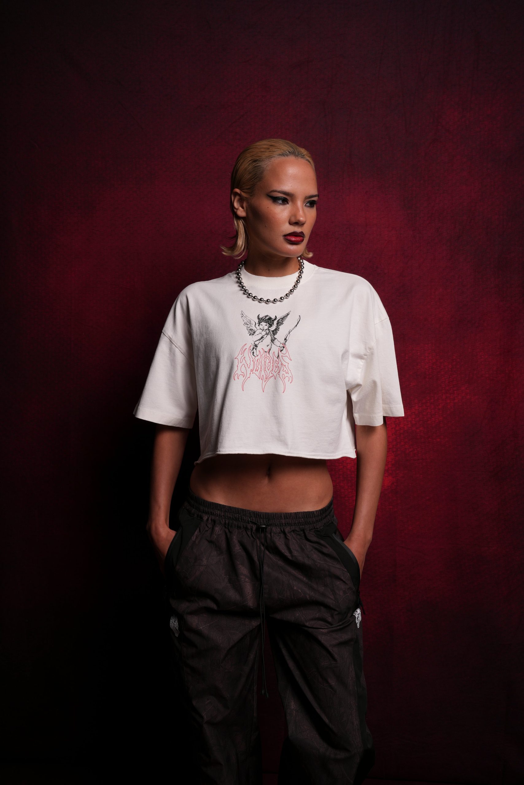 Viking Cherub Grunge Oversized (Cropped) Tee in Cream - Image 2