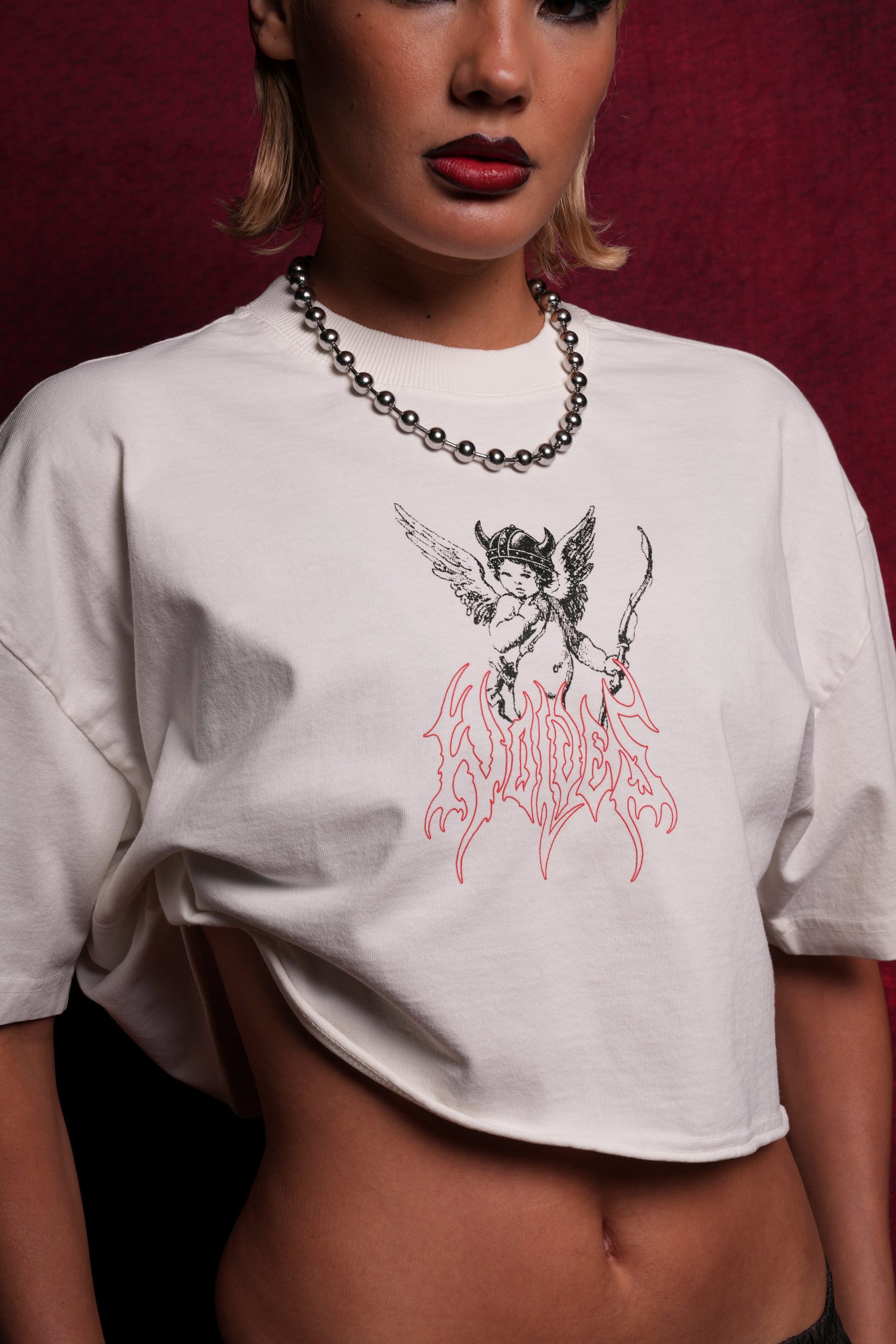 Viking Cherub Grunge Oversized (Cropped) Tee in Cream - Image 3