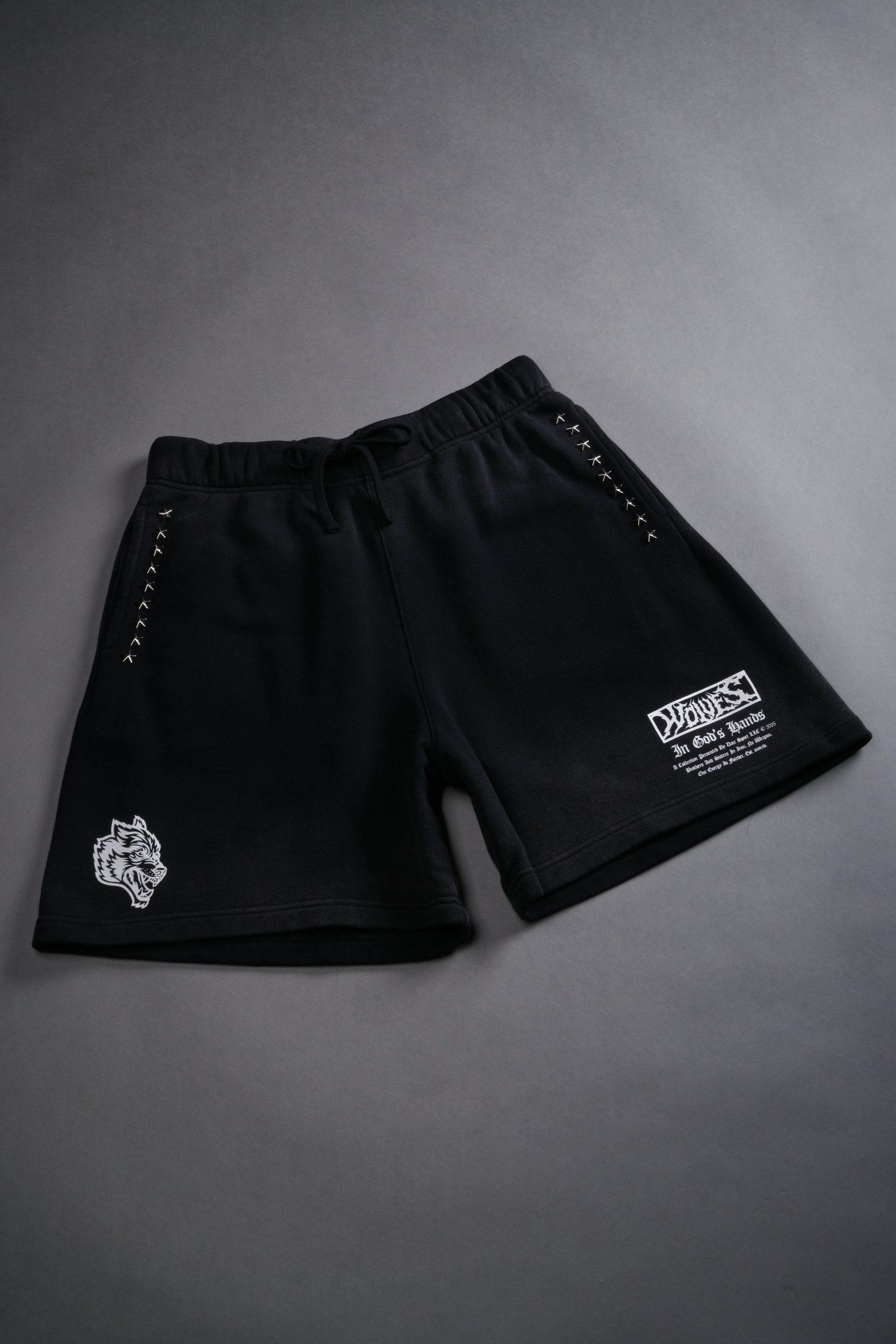Studded Midnight Wolves Oversized Post Lounge Sweat Shorts in Black Drift Wash - Image 6