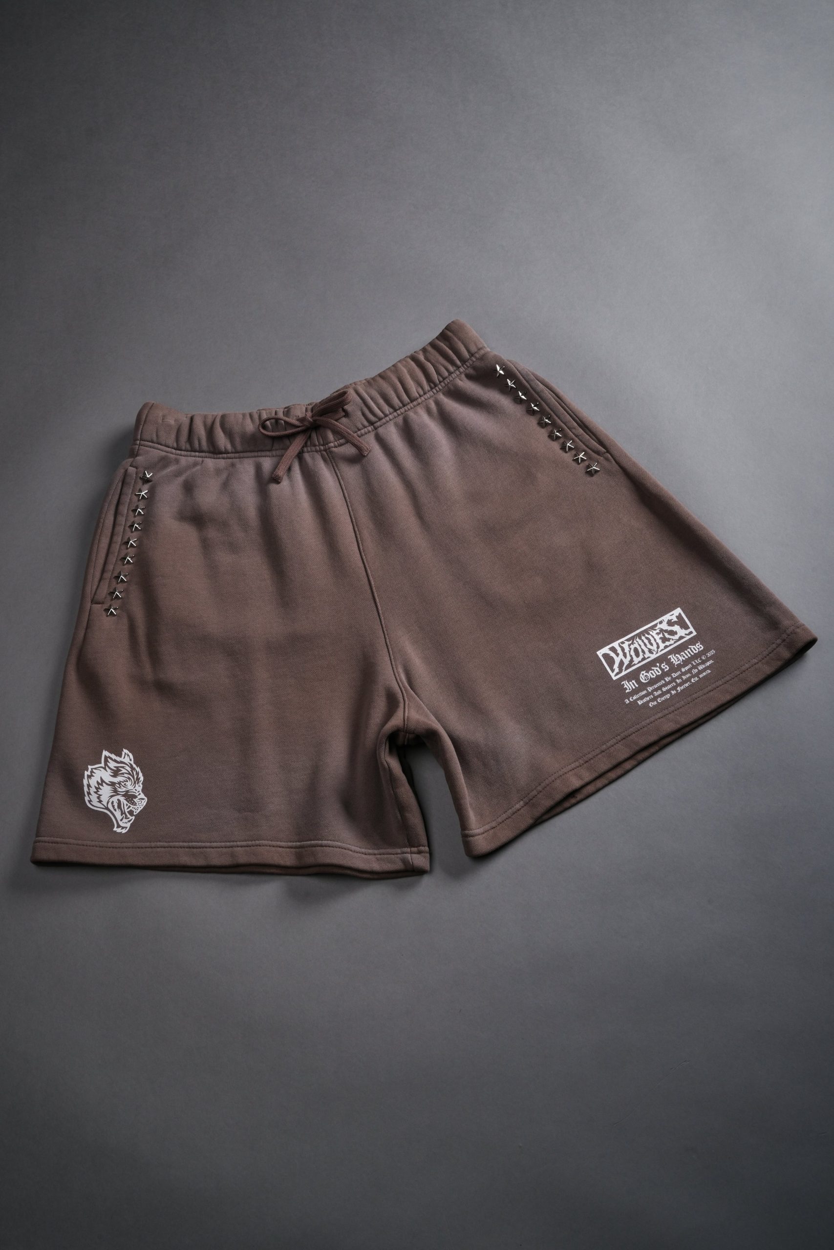 Studded Midnight Wolves Oversized Post Lounge Sweat Shorts in Mojave Brown Drift Wash - Image 6