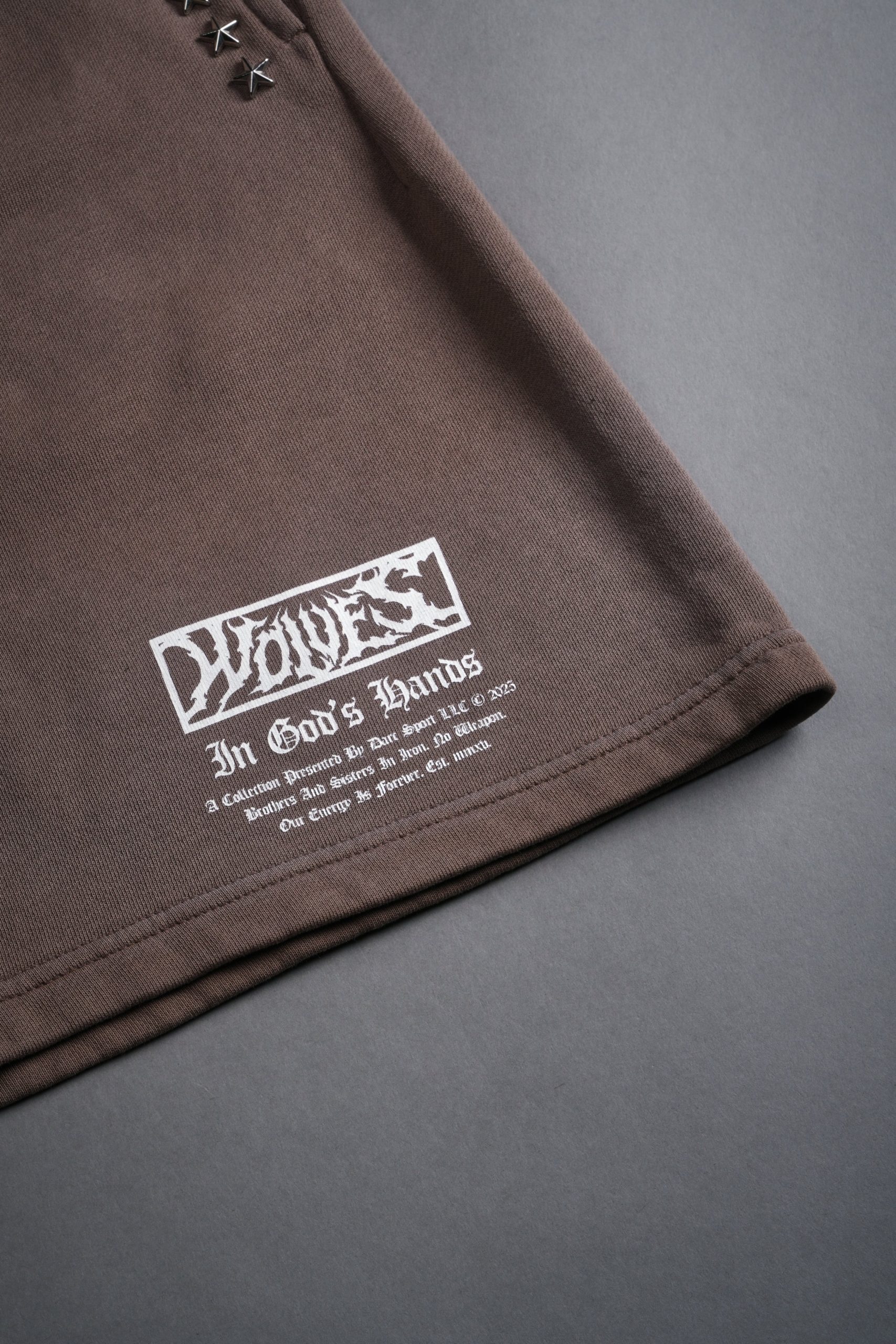Studded Midnight Wolves Oversized Post Lounge Sweat Shorts in Mojave Brown Drift Wash - Image 9