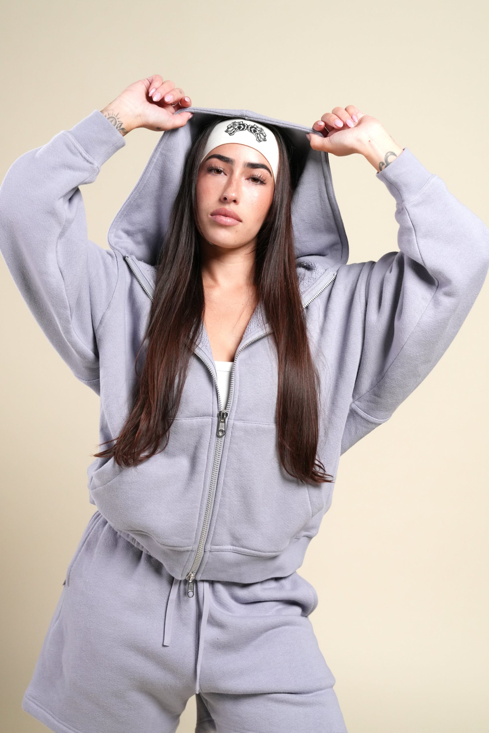 Cursive Wolves Anya Premium Double Zip Hoodie in Sport Gray