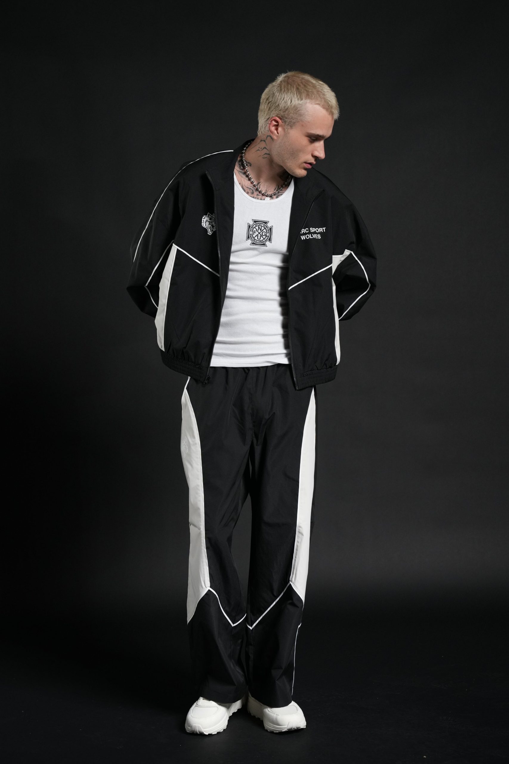 Darc Sport Wolves Unisex Pyramid Quinn Track Jacket in Black/Sand - Image 5