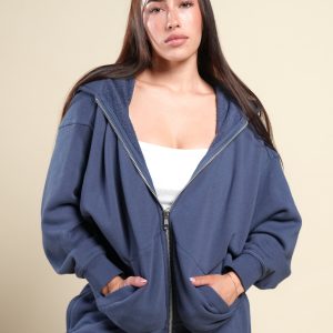 Cursive Wolves Anya Premium Double Zip Hoodie in Washed Denim