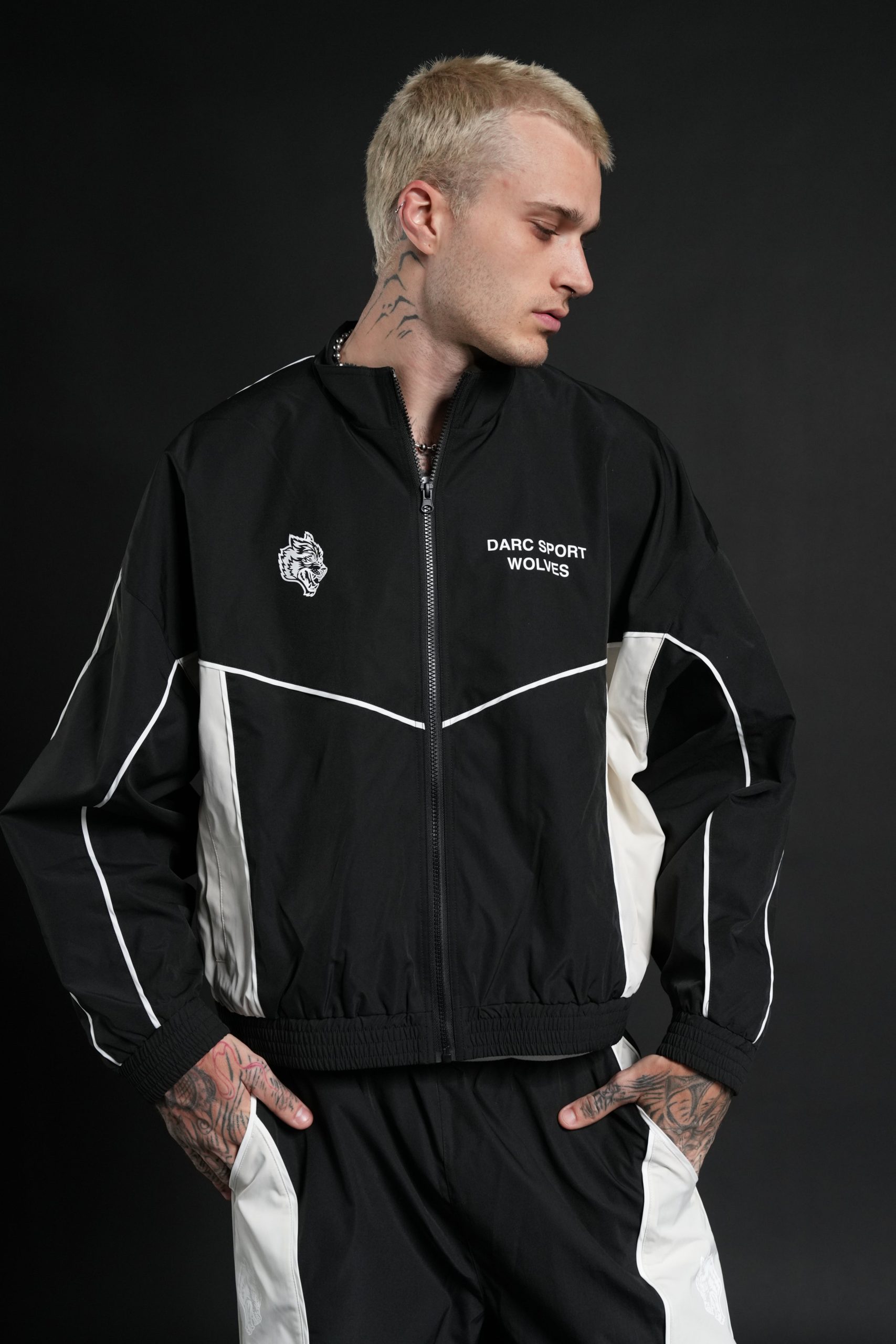 Darc Sport Wolves Unisex Pyramid Quinn Track Jacket in Black/Sand - Image 4