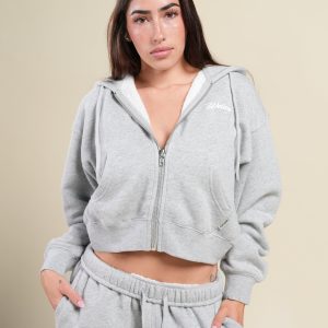 Cursive Wolves Sage Cropped Zip Hoodie in Heather Gray