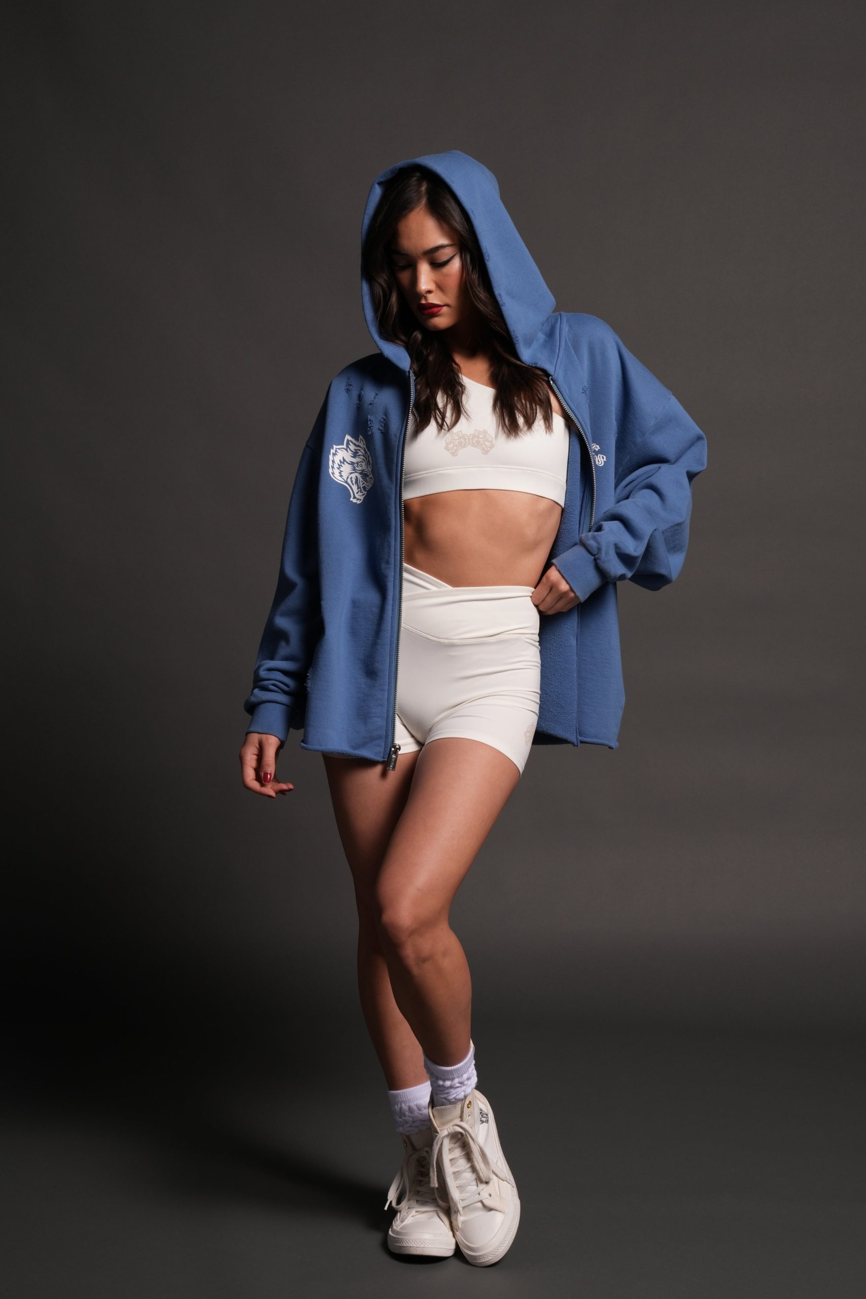 Los Cherub Distressed Grunge Mid Length Raw Hem Zip Hoodie in La Blue - Image 11