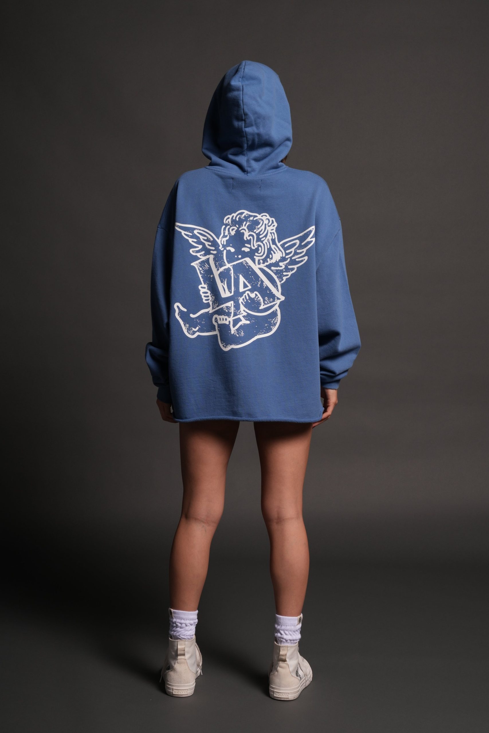 Los Cherub Distressed Grunge Mid Length Raw Hem Zip Hoodie in La Blue - Image 12