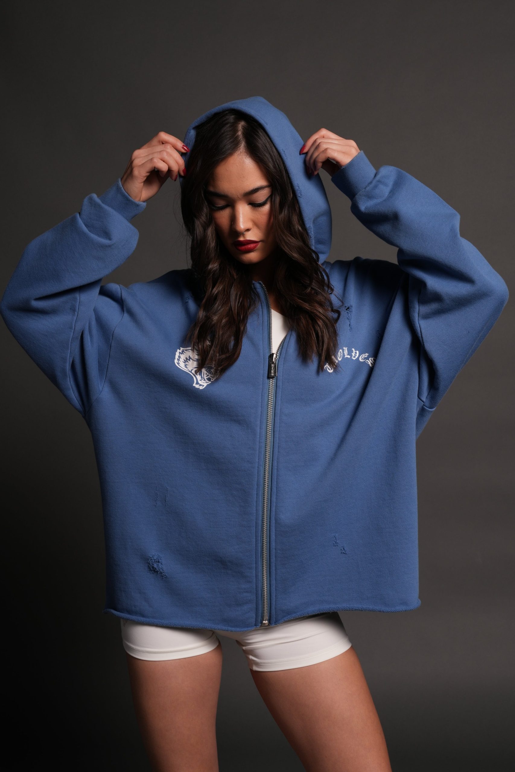 Los Cherub Distressed Grunge Mid Length Raw Hem Zip Hoodie in La Blue - Image 9