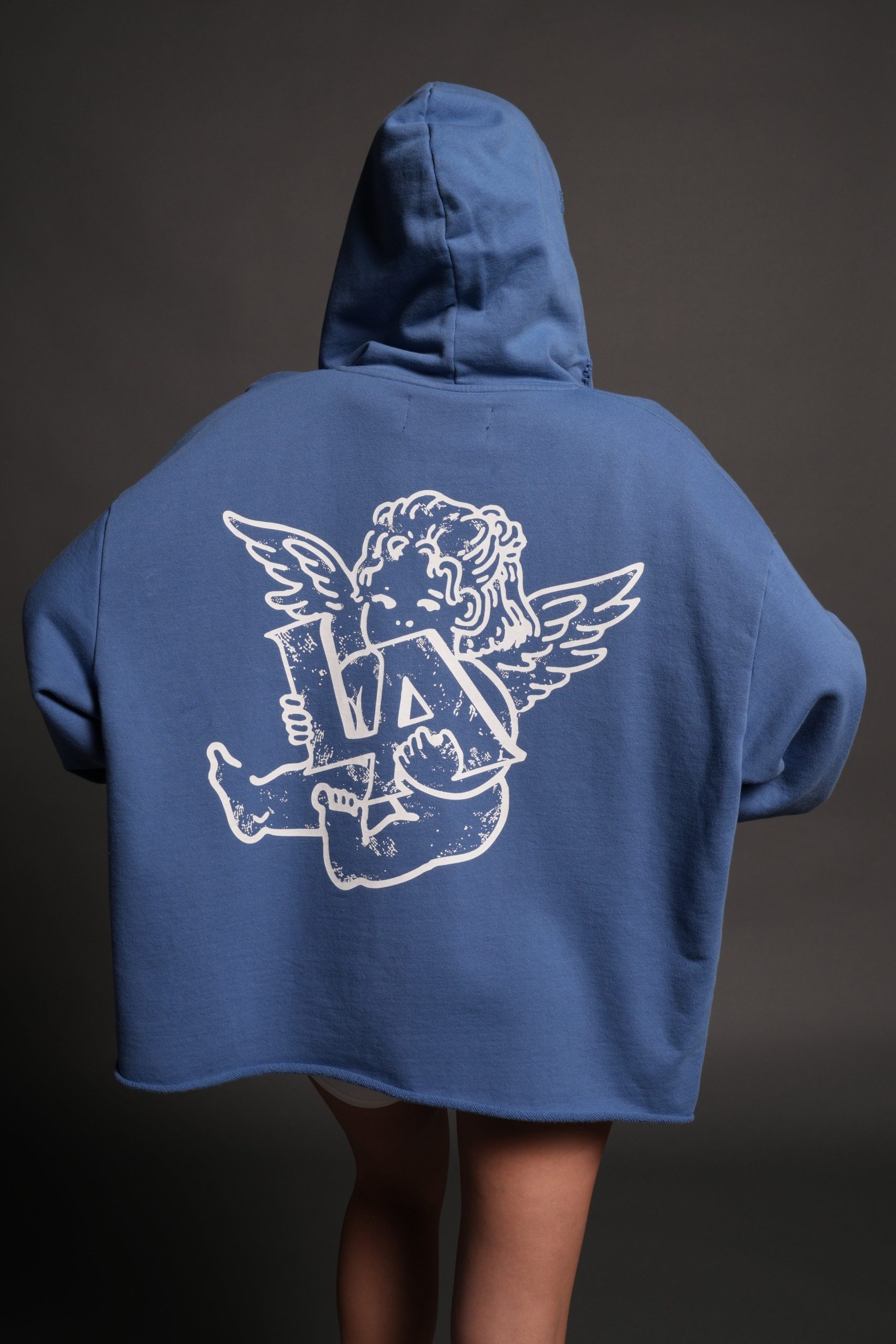 Los Cherub Distressed Grunge Mid Length Raw Hem Zip Hoodie in La Blue - Image 10