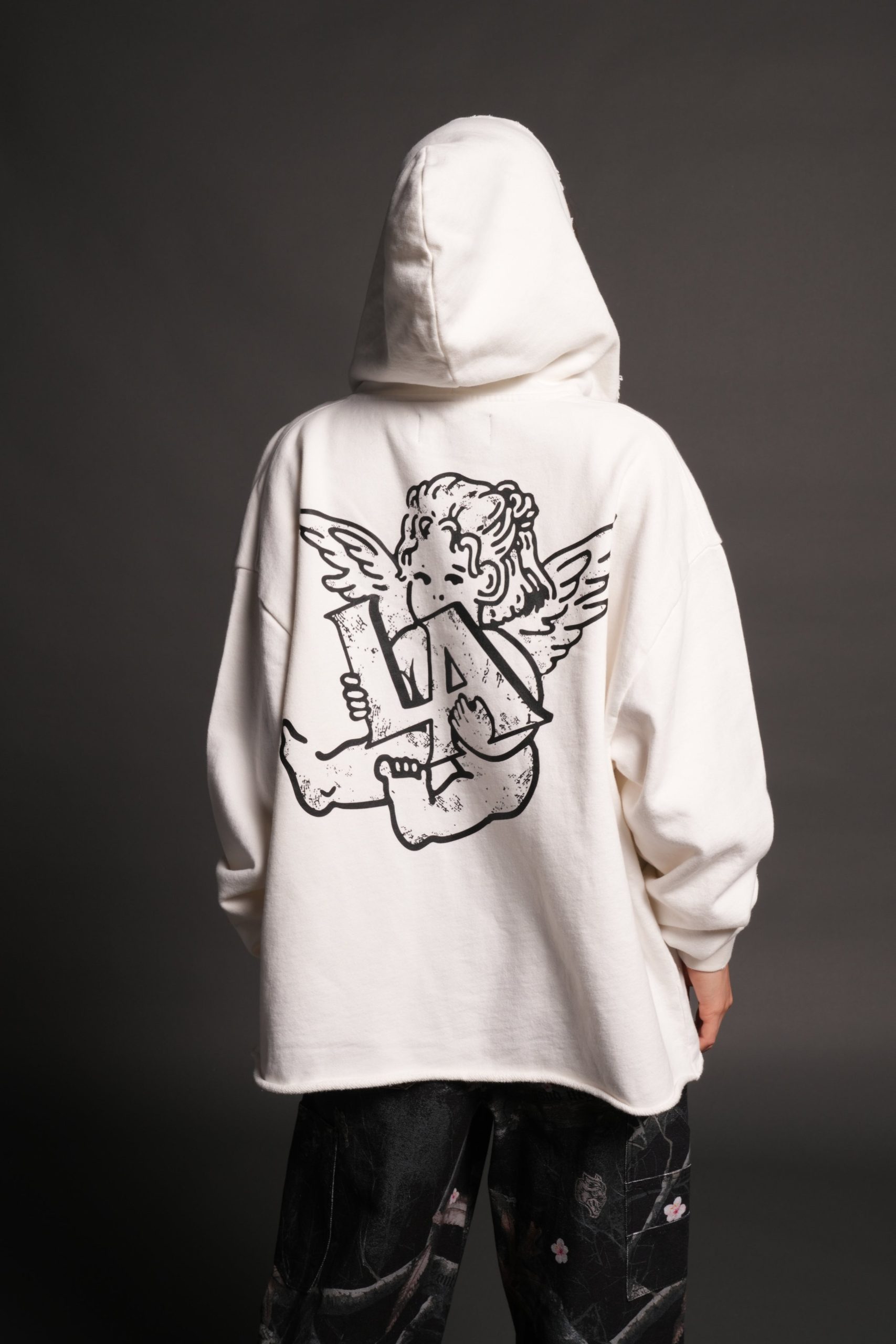 Los Cherub Distressed Grunge Mid Length Raw Hem Zip Hoodie in Cream - Image 10