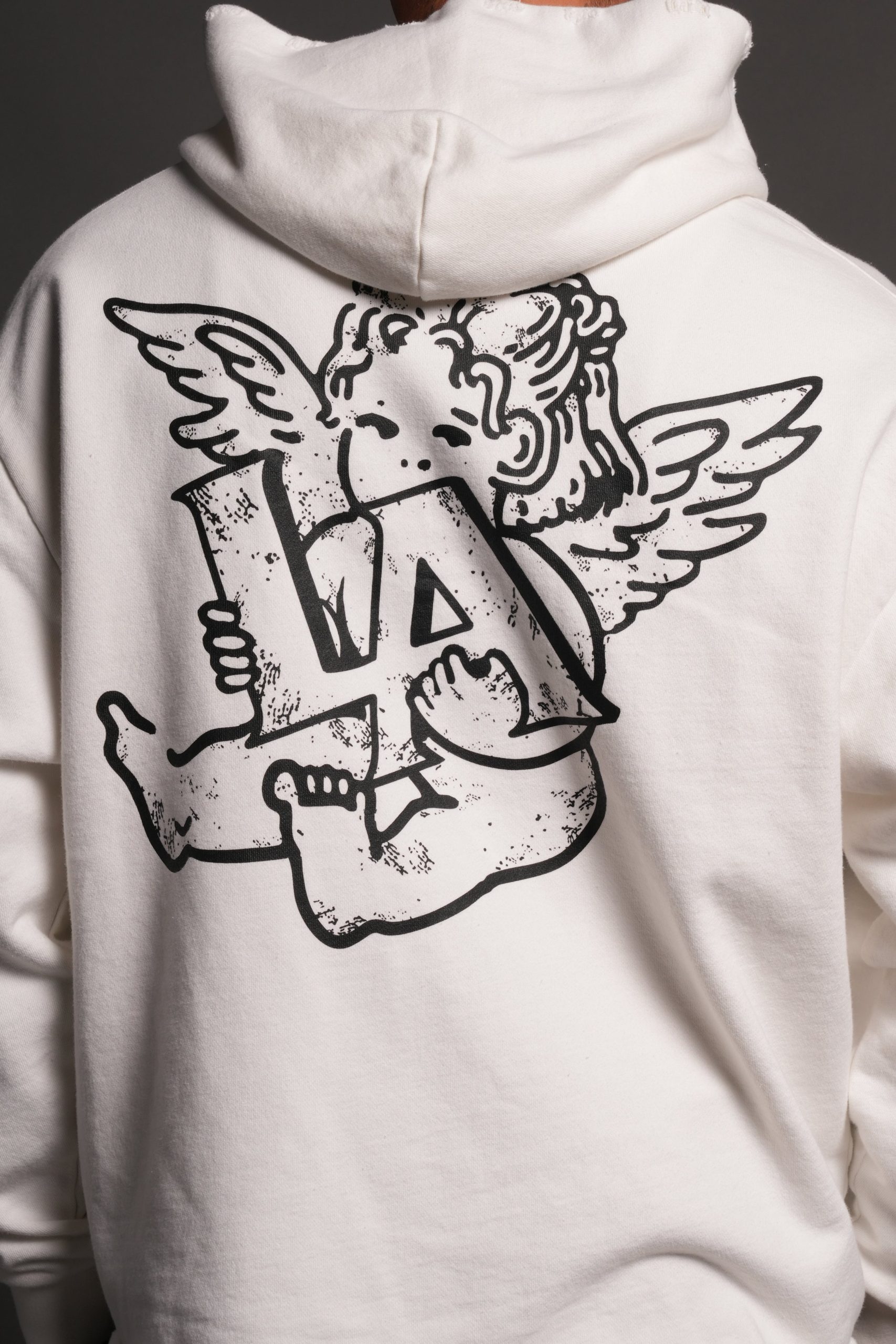 Los Cherub Distressed Grunge Mid Length Raw Hem Zip Hoodie in Cream - Image 8