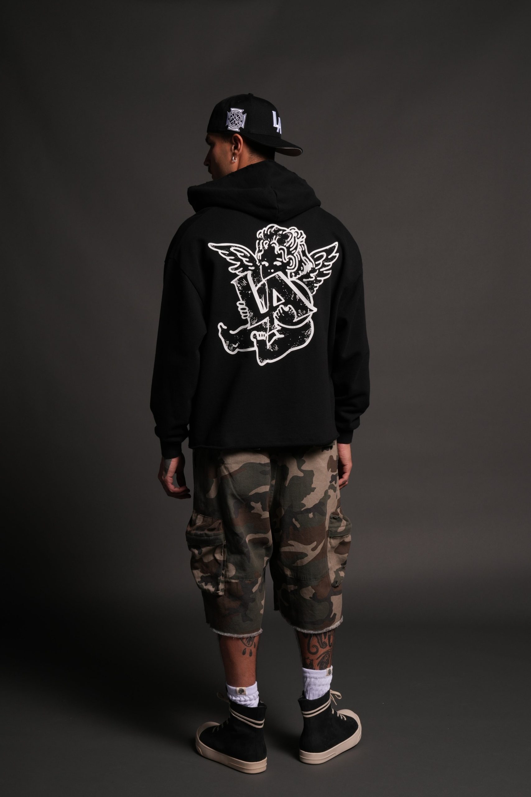 Los Cherub Distressed Grunge Mid Length Raw Hem Zip Hoodie in Black - Image 6