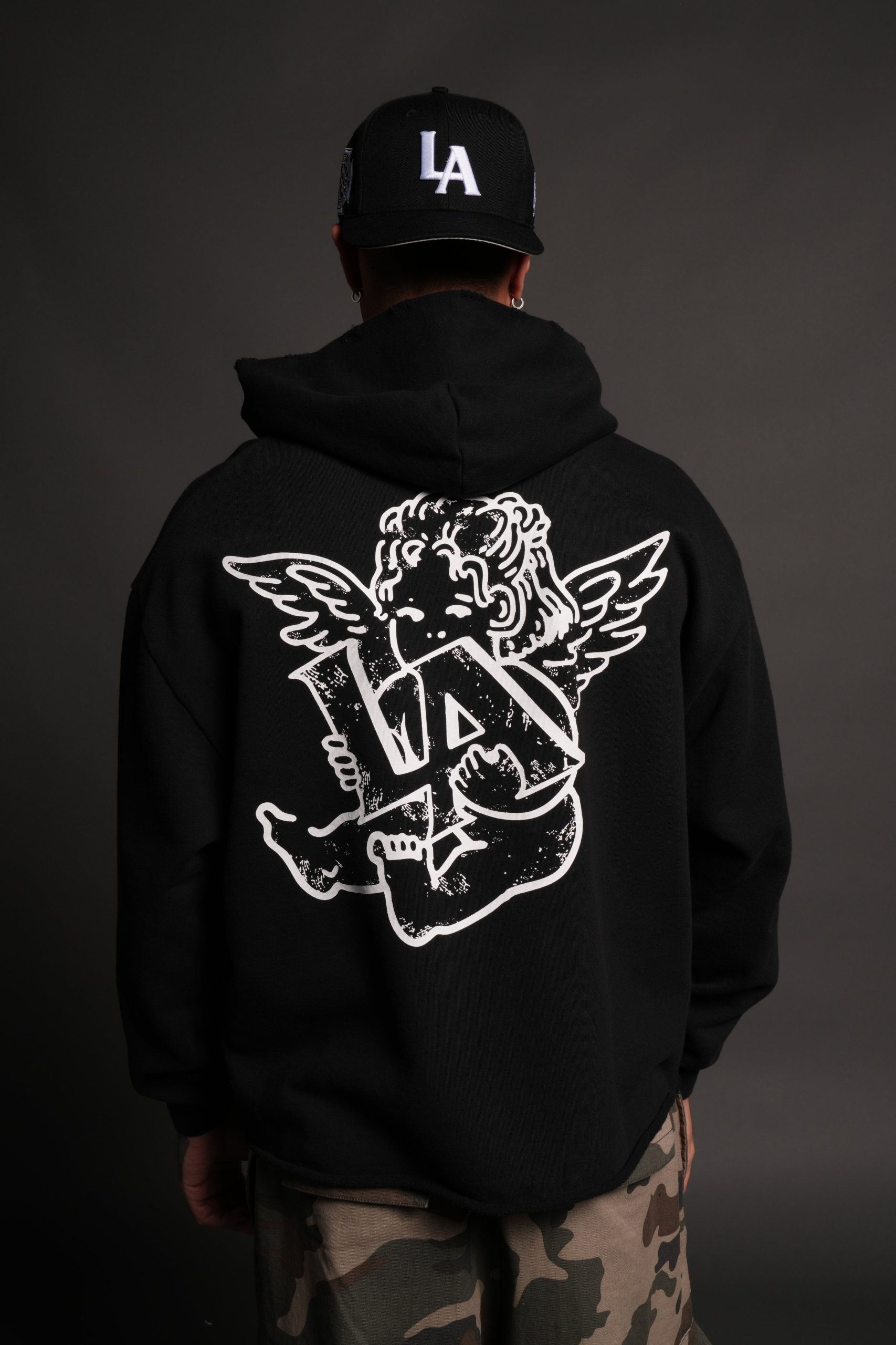 Los Cherub Distressed Grunge Mid Length Raw Hem Zip Hoodie in Black - Image 4