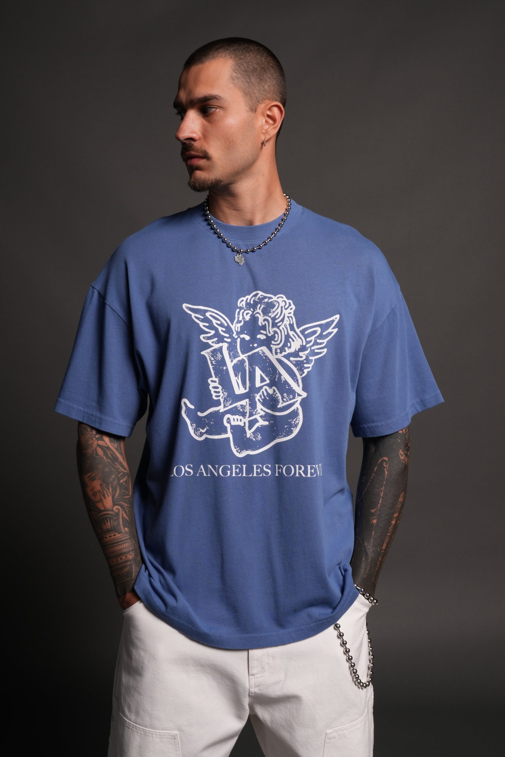 Los Cherub Premium Oversized Tee in La Blue - Image 4