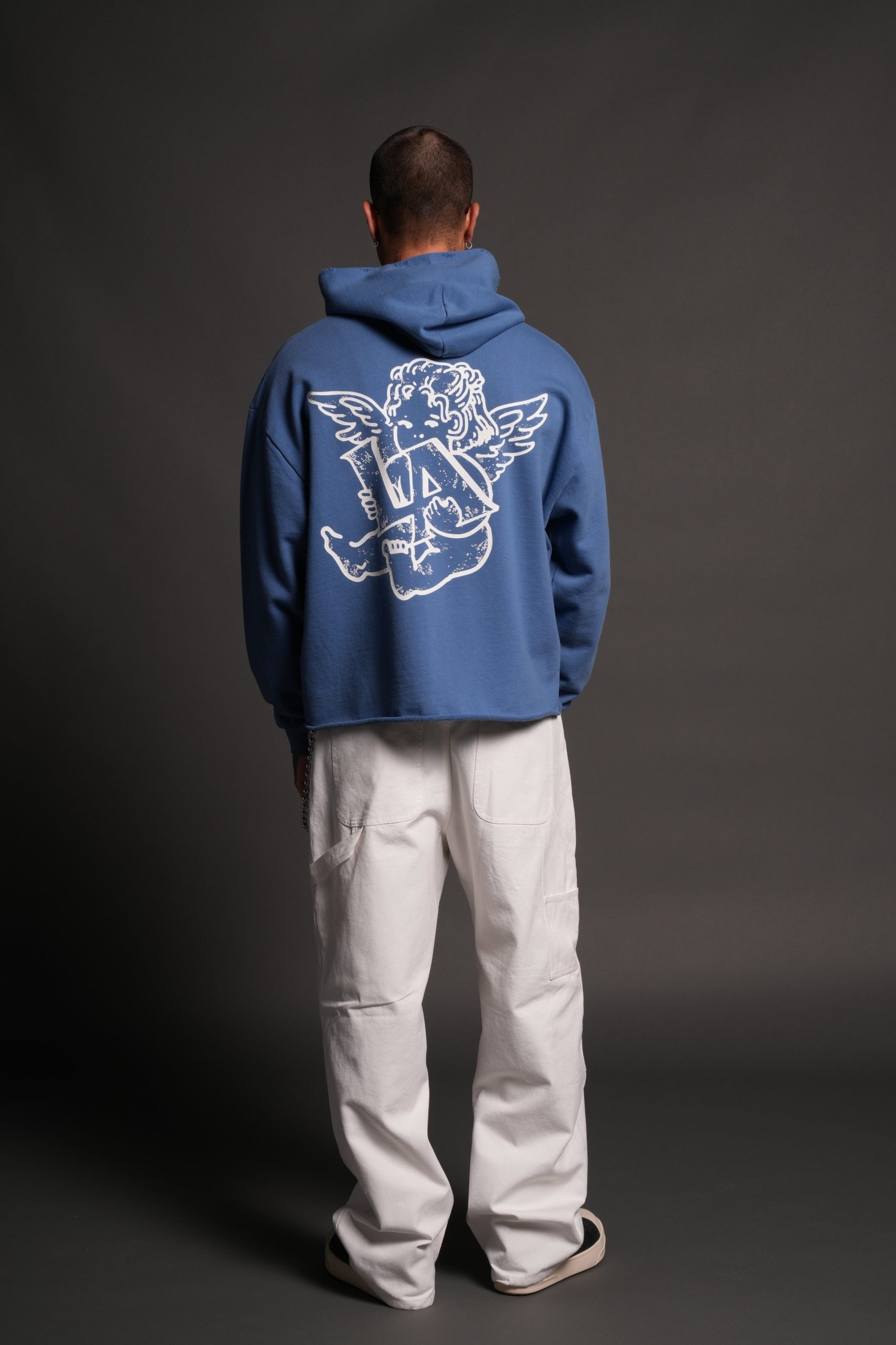 Los Cherub Distressed Grunge Mid Length Raw Hem Zip Hoodie in La Blue - Image 6