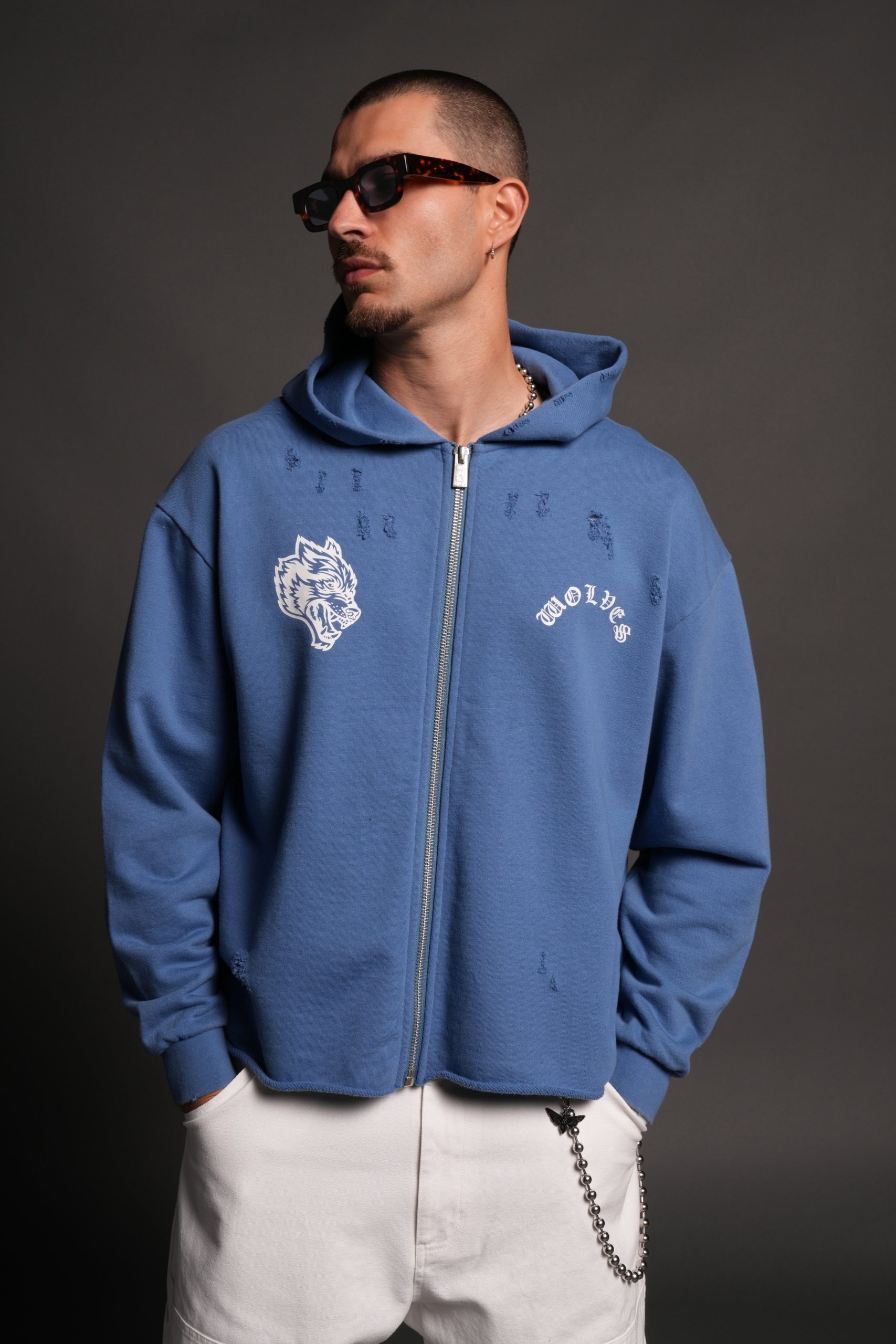 Los Cherub Distressed Grunge Mid Length Raw Hem Zip Hoodie in La Blue - Image 2