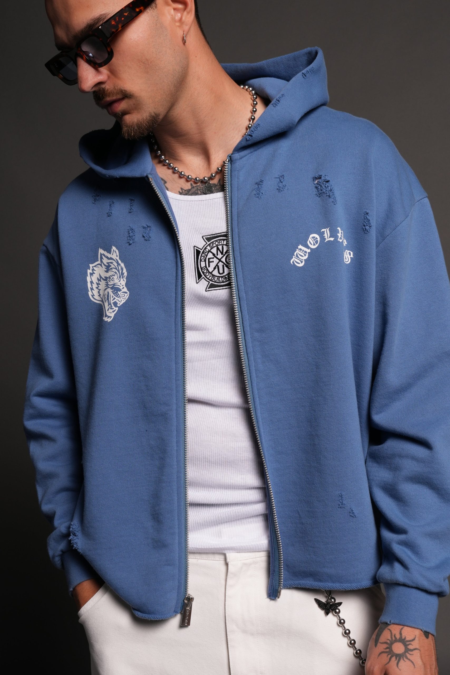 Los Cherub Distressed Grunge Mid Length Raw Hem Zip Hoodie in La Blue - Image 7
