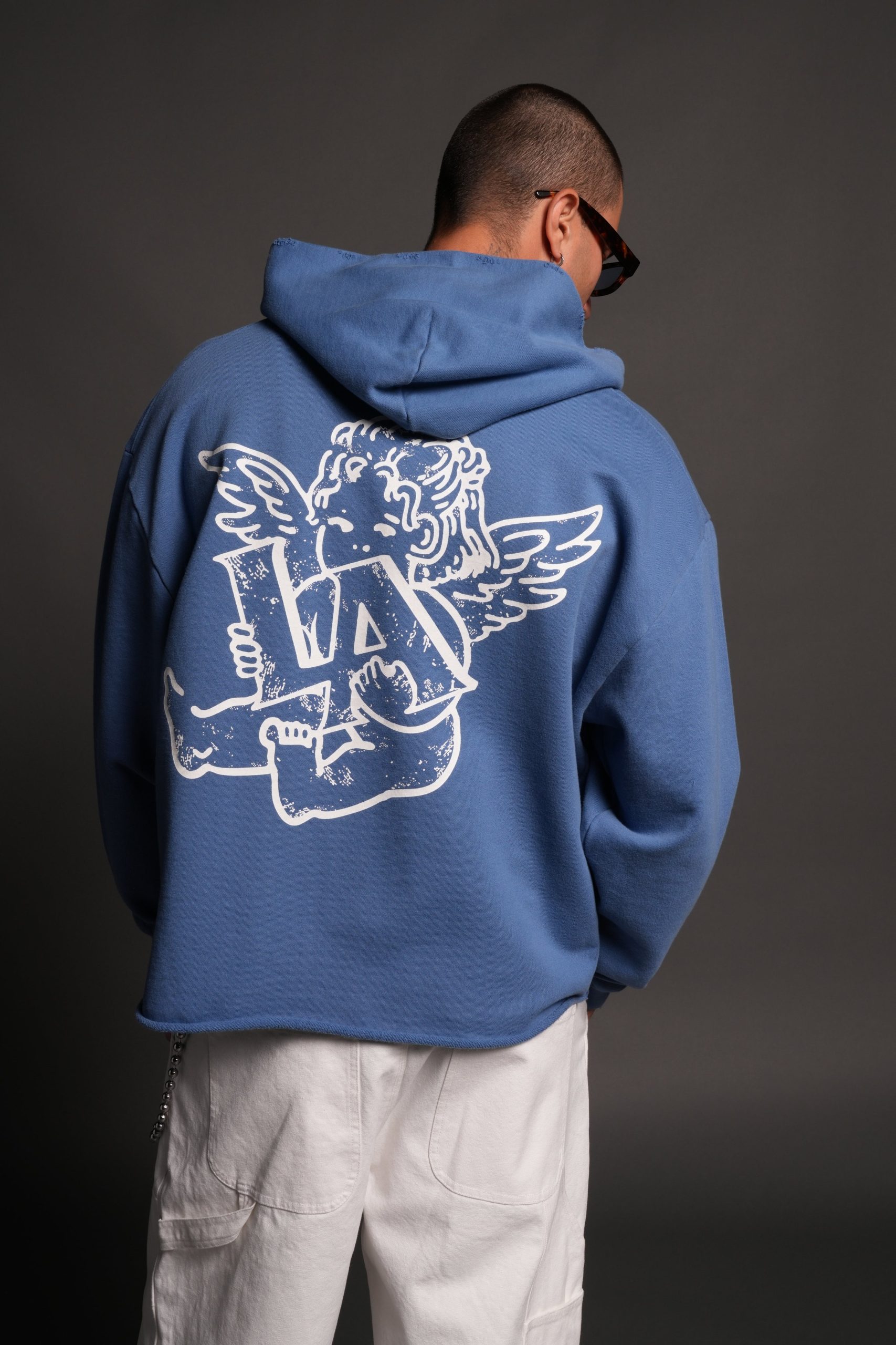 Los Cherub Distressed Grunge Mid Length Raw Hem Zip Hoodie in La Blue - Image 4