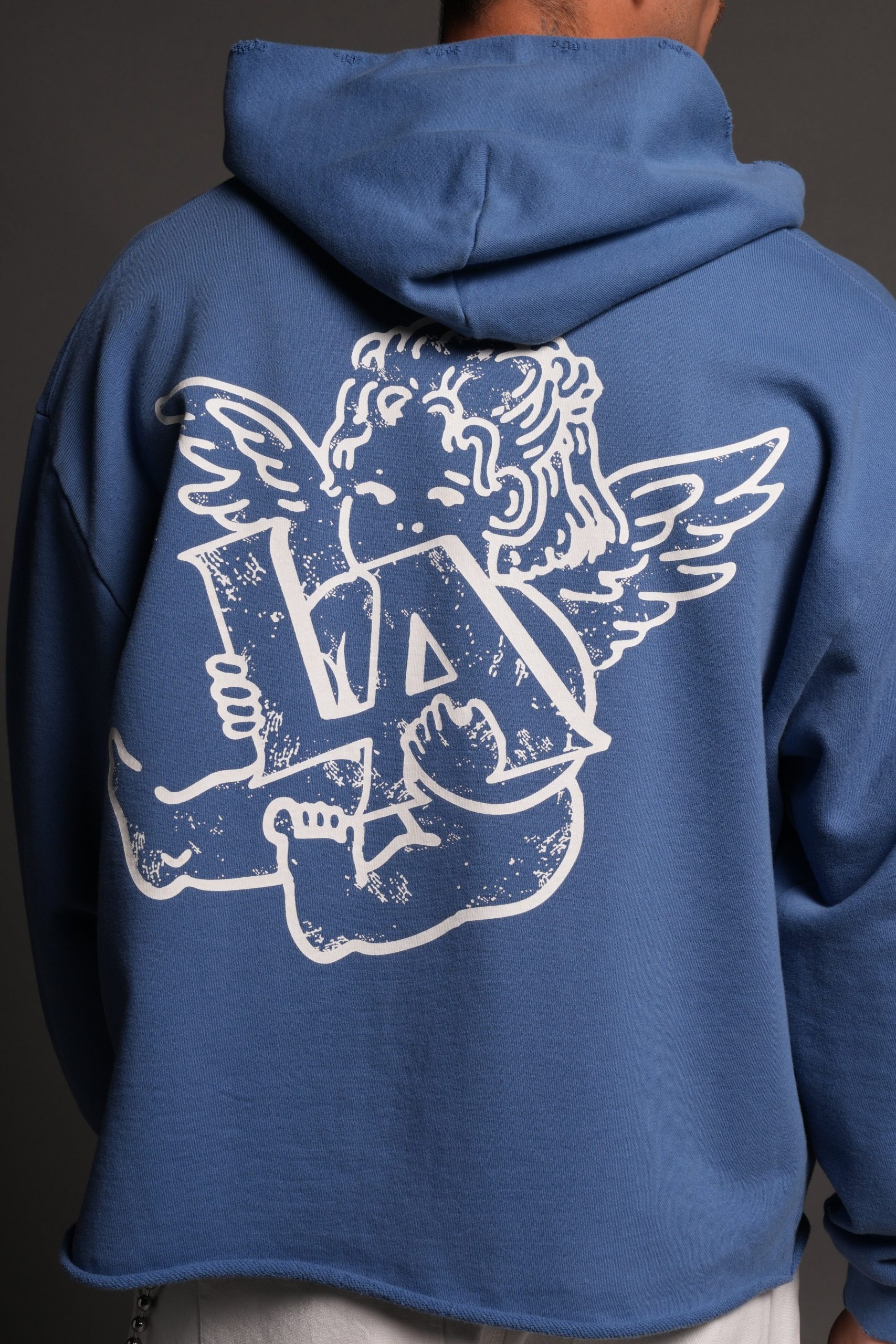 Los Cherub Distressed Grunge Mid Length Raw Hem Zip Hoodie in La Blue - Image 8