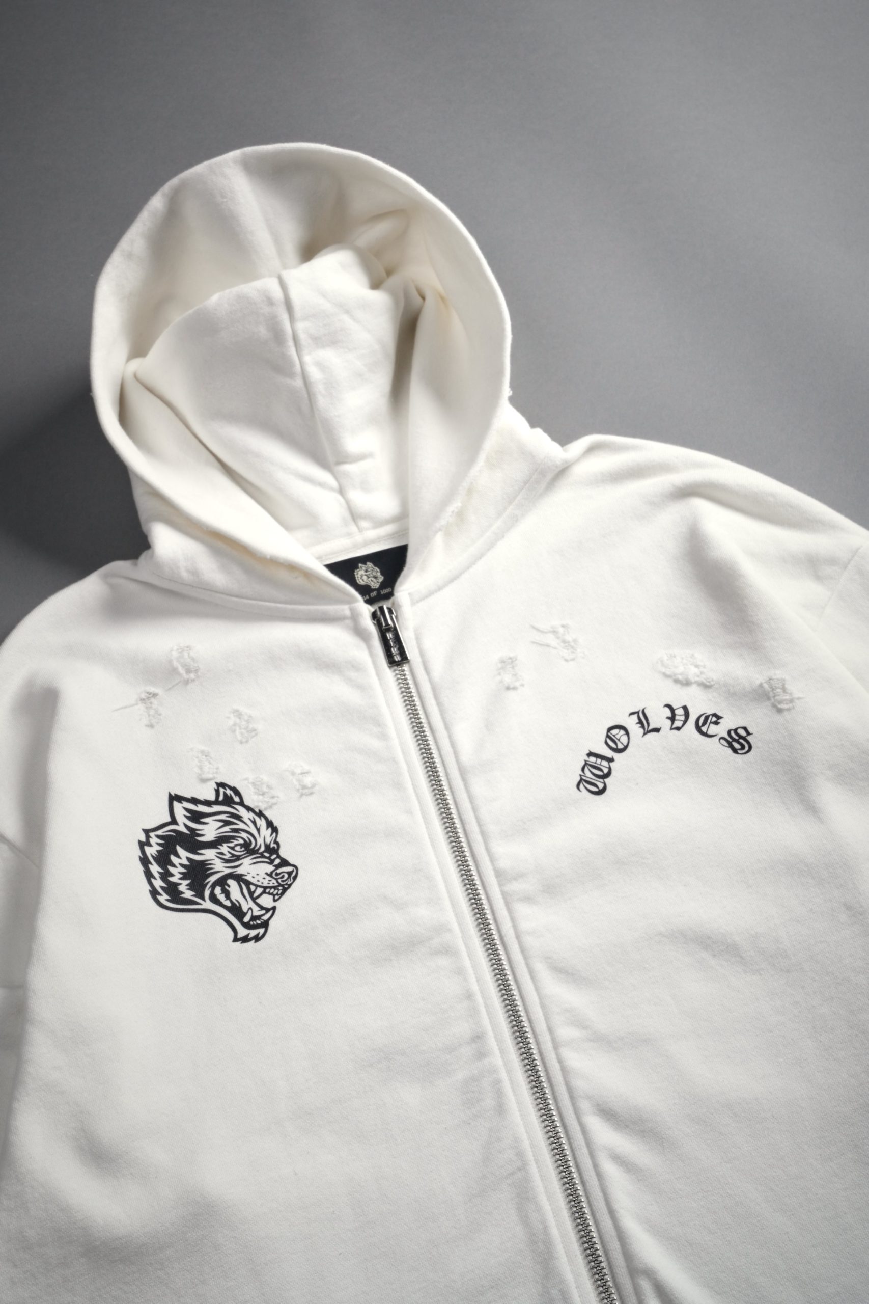 Los Cherub Distressed Grunge Mid Length Raw Hem Zip Hoodie in Cream - Image 15