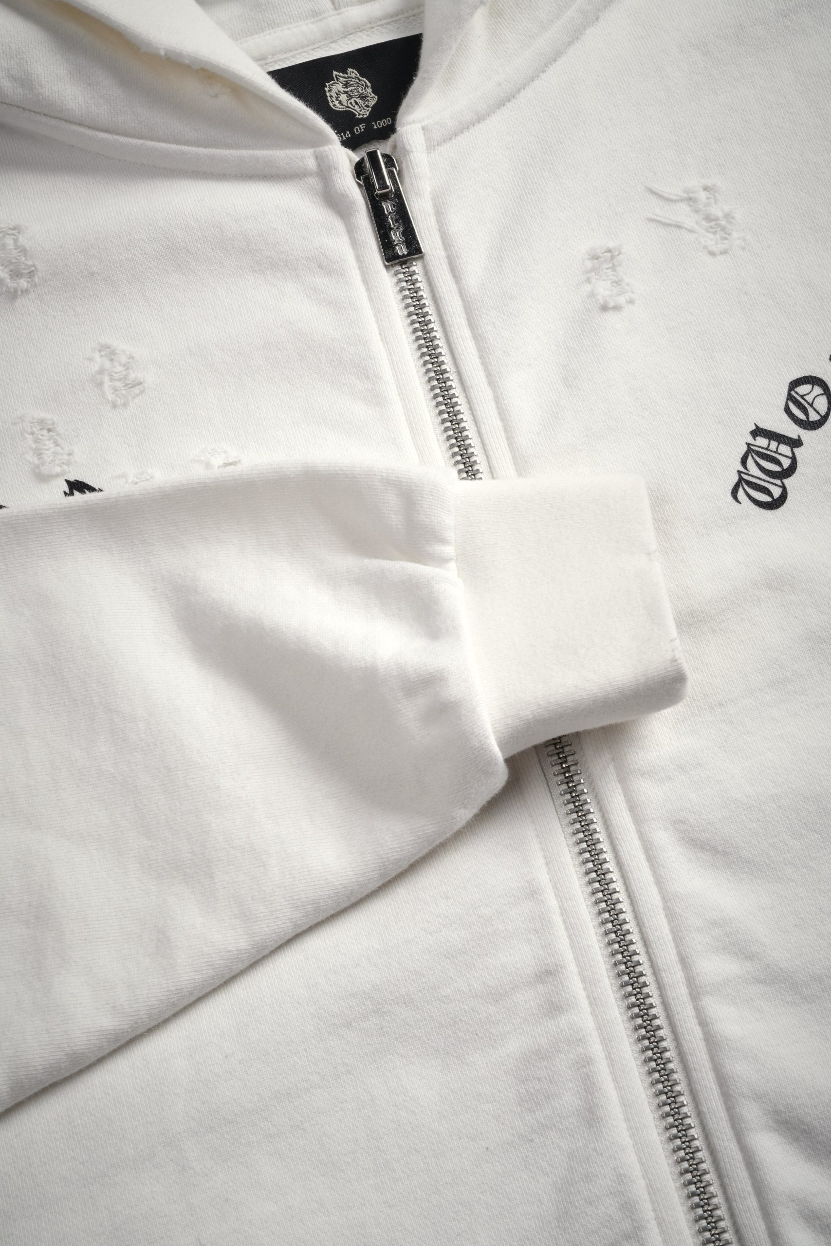 Los Cherub Distressed Grunge Mid Length Raw Hem Zip Hoodie in Cream - Image 16