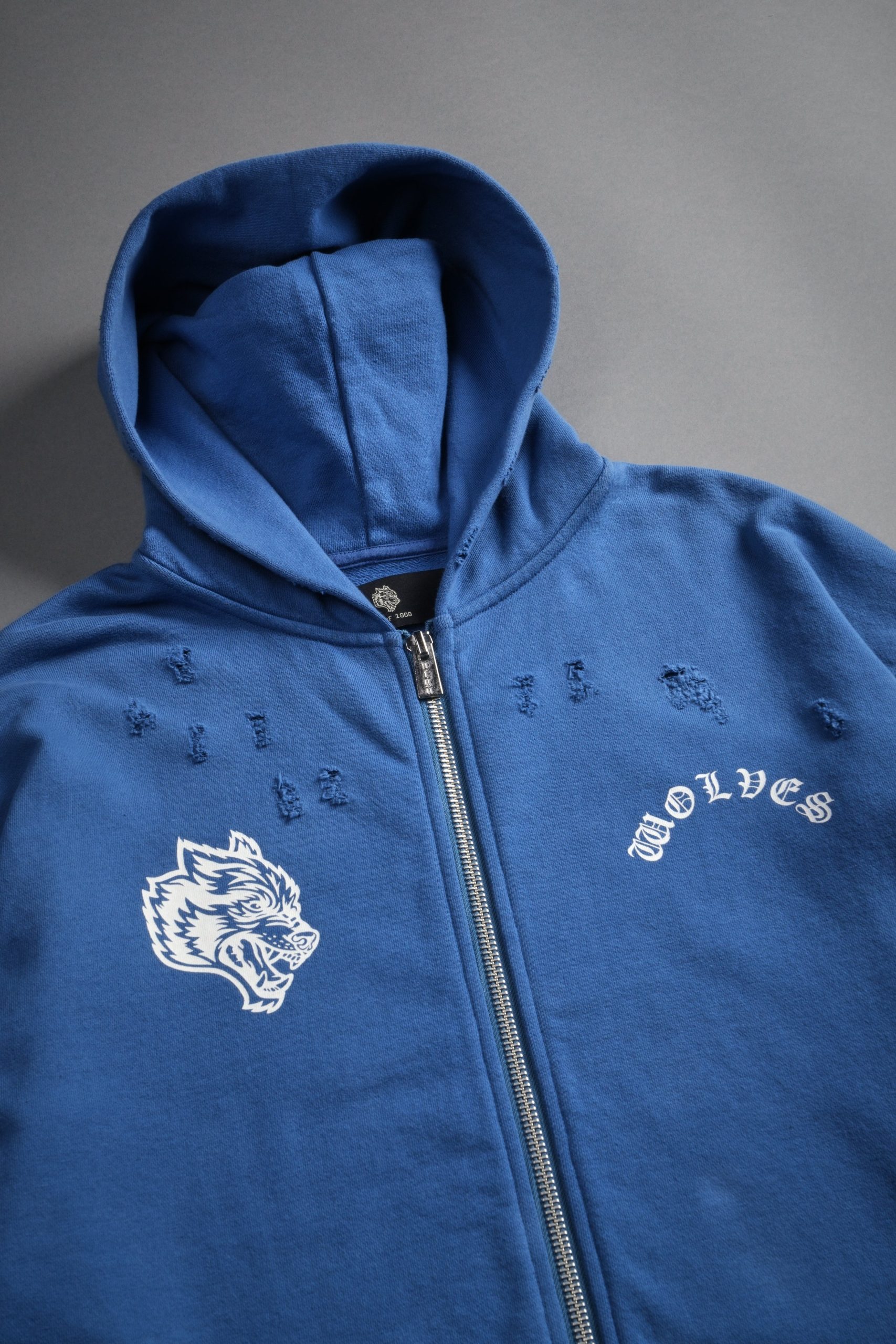 Los Cherub Distressed Grunge Mid Length Raw Hem Zip Hoodie in La Blue - Image 16
