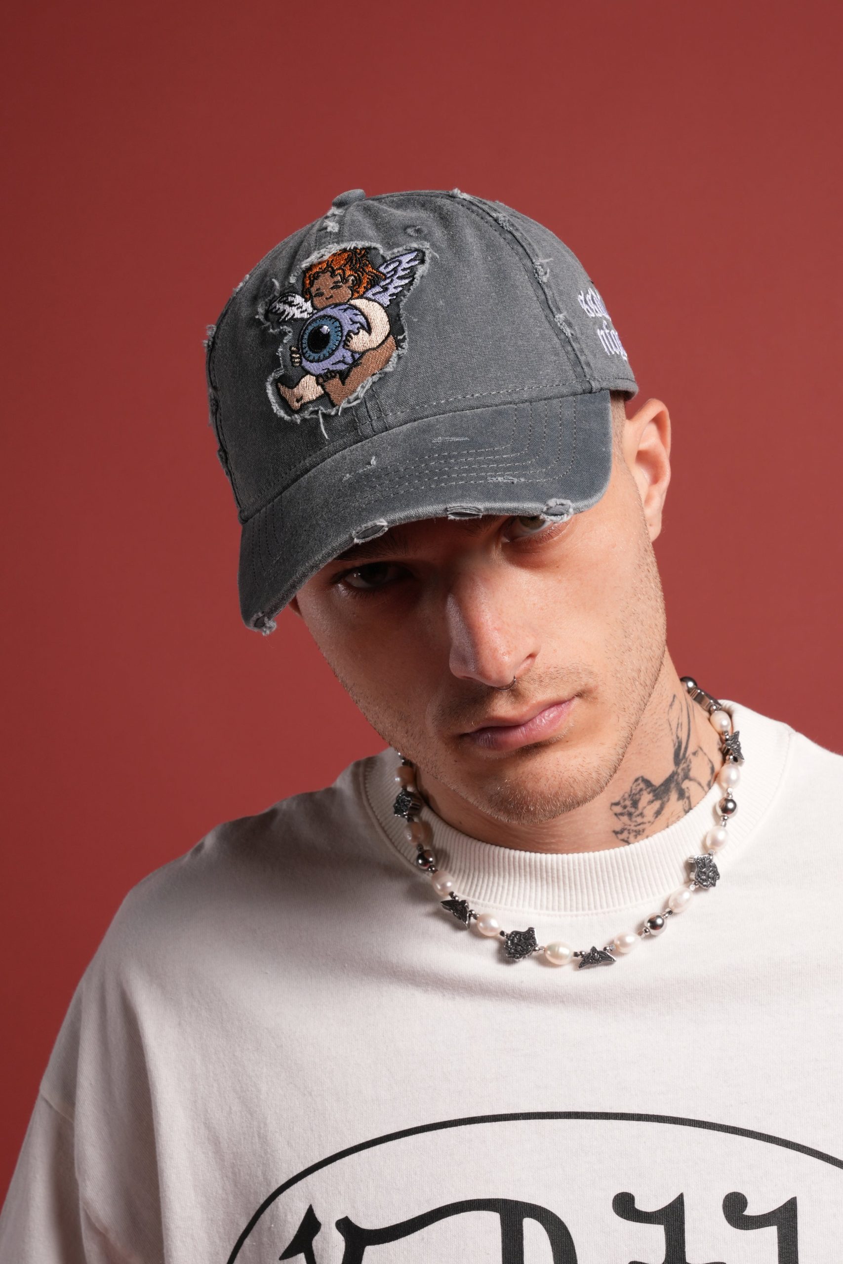 Cherub Eye Ball Distressed Dad Hat in Washed Wolf Gray - Image 4