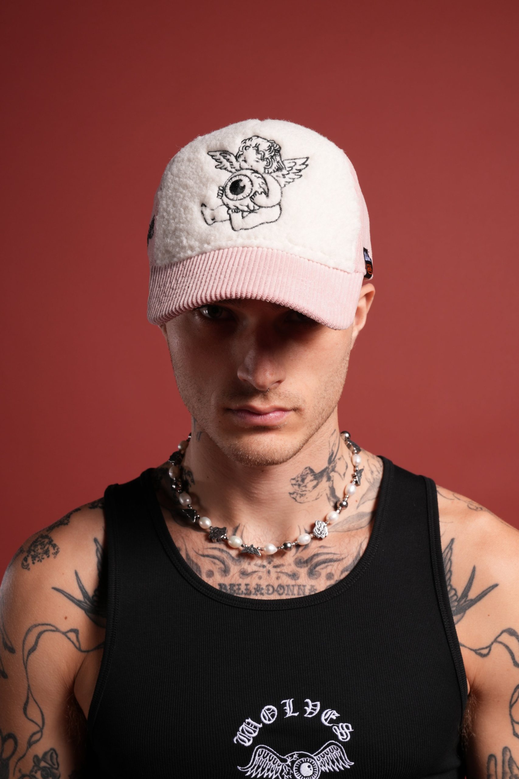 Cherub Eyeball Corduroy Trucker Hat in Bubblegum - Image 4