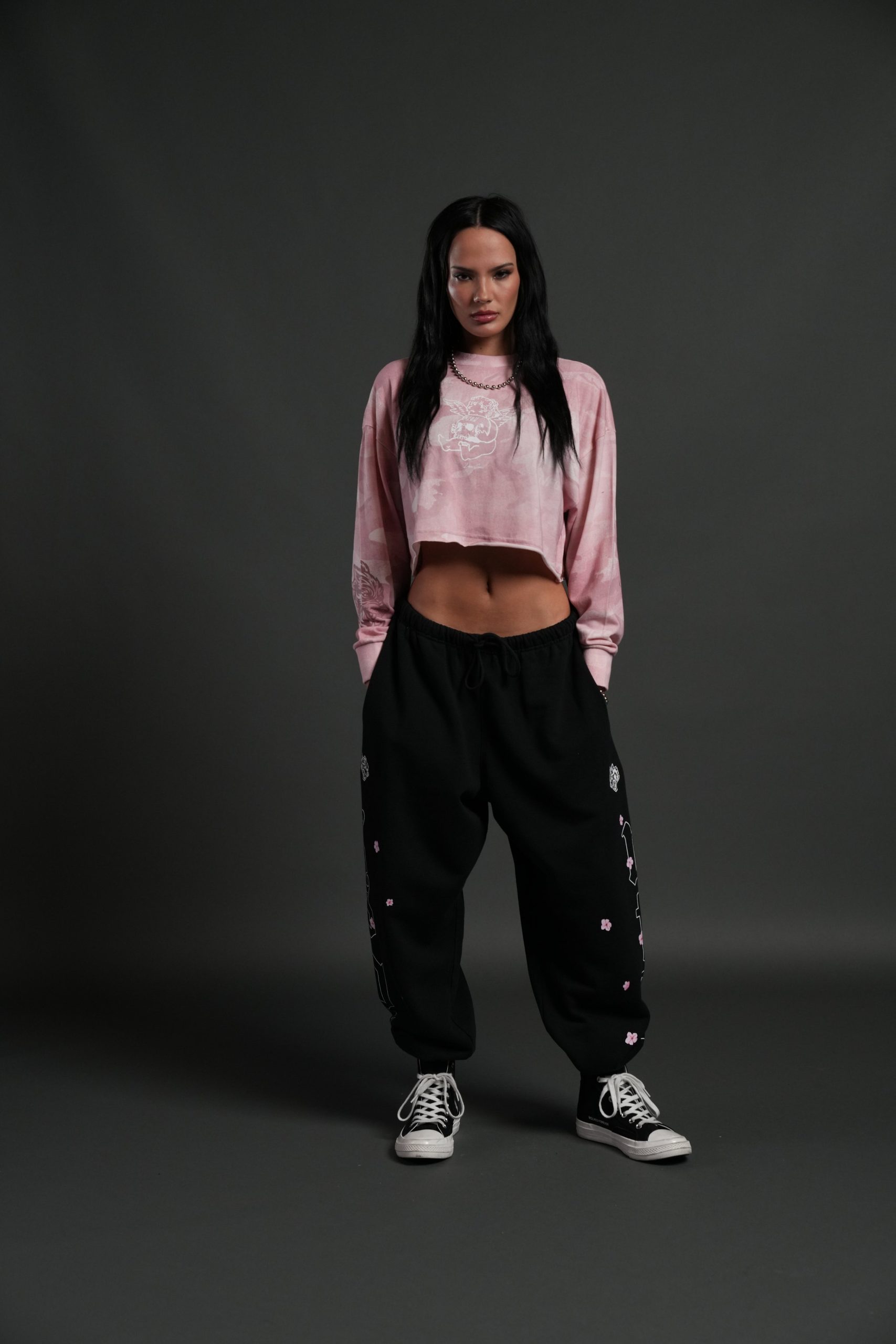 Cherub and the Skull Premium Oversized Cropped L/S Tee in Blush Vintage Woodland Camo - Image 3