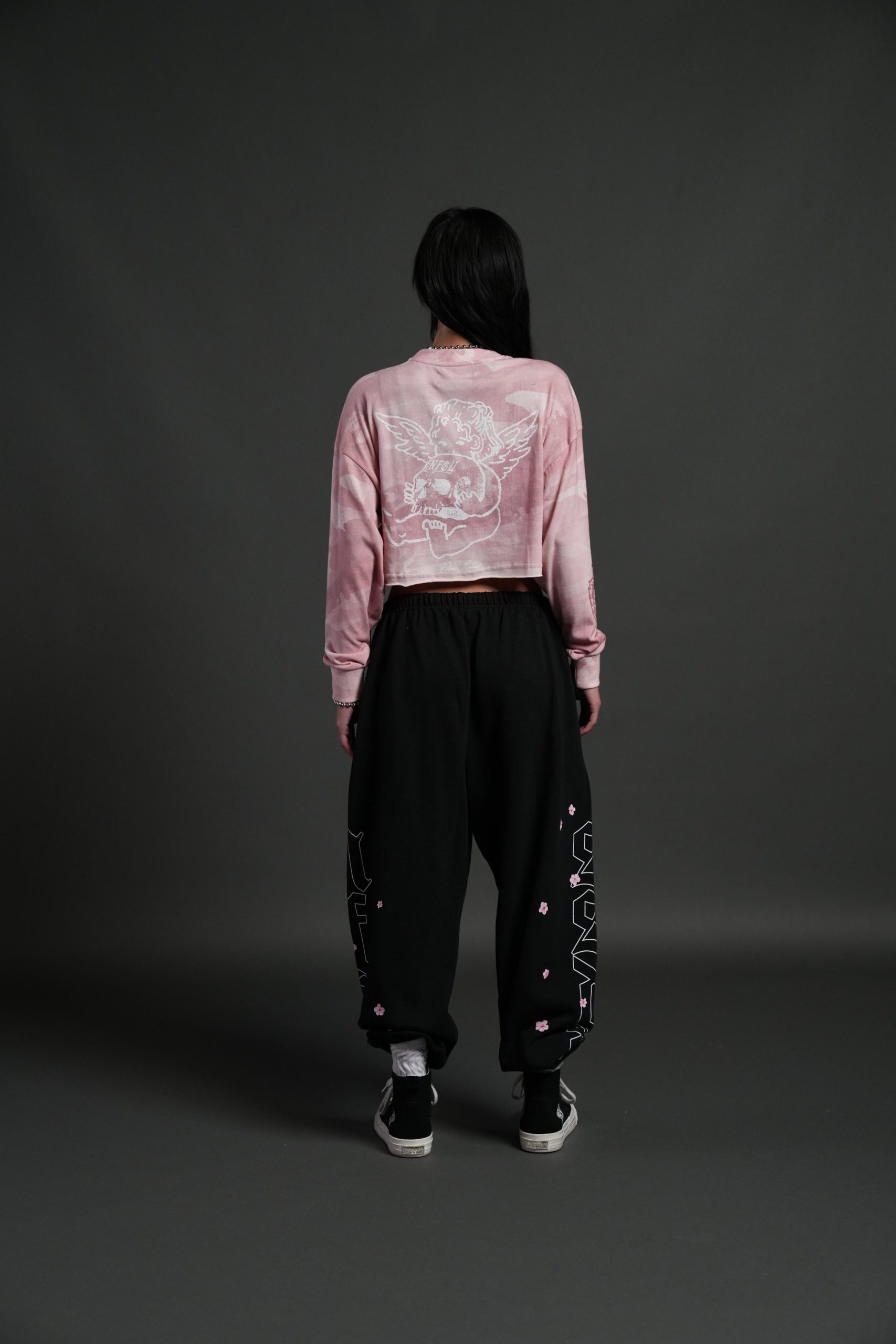 Cherub and the Skull Premium Oversized Cropped L/S Tee in Blush Vintage Woodland Camo - Image 4