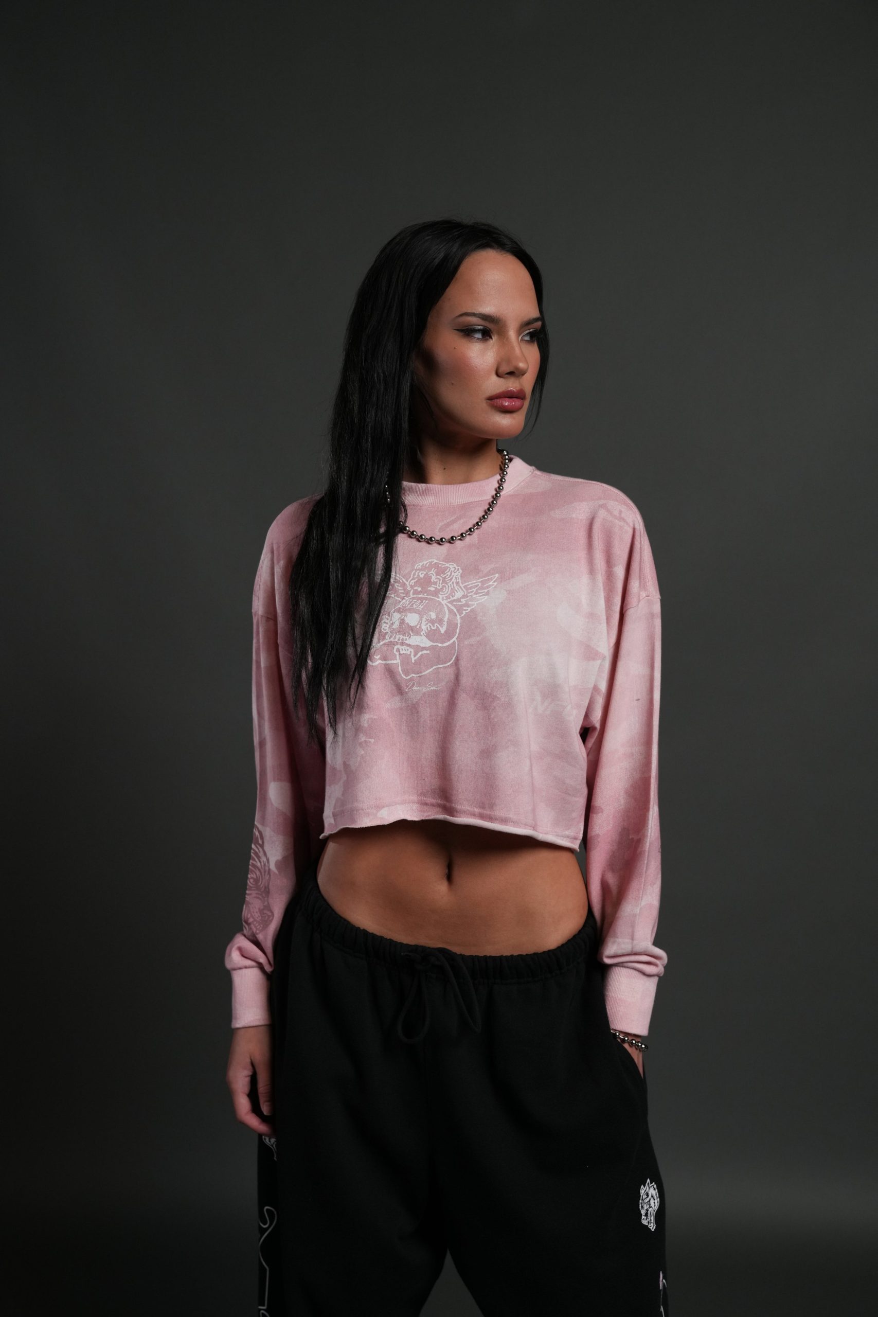 Cherub and the Skull Premium Oversized Cropped L/S Tee in Blush Vintage Woodland Camo