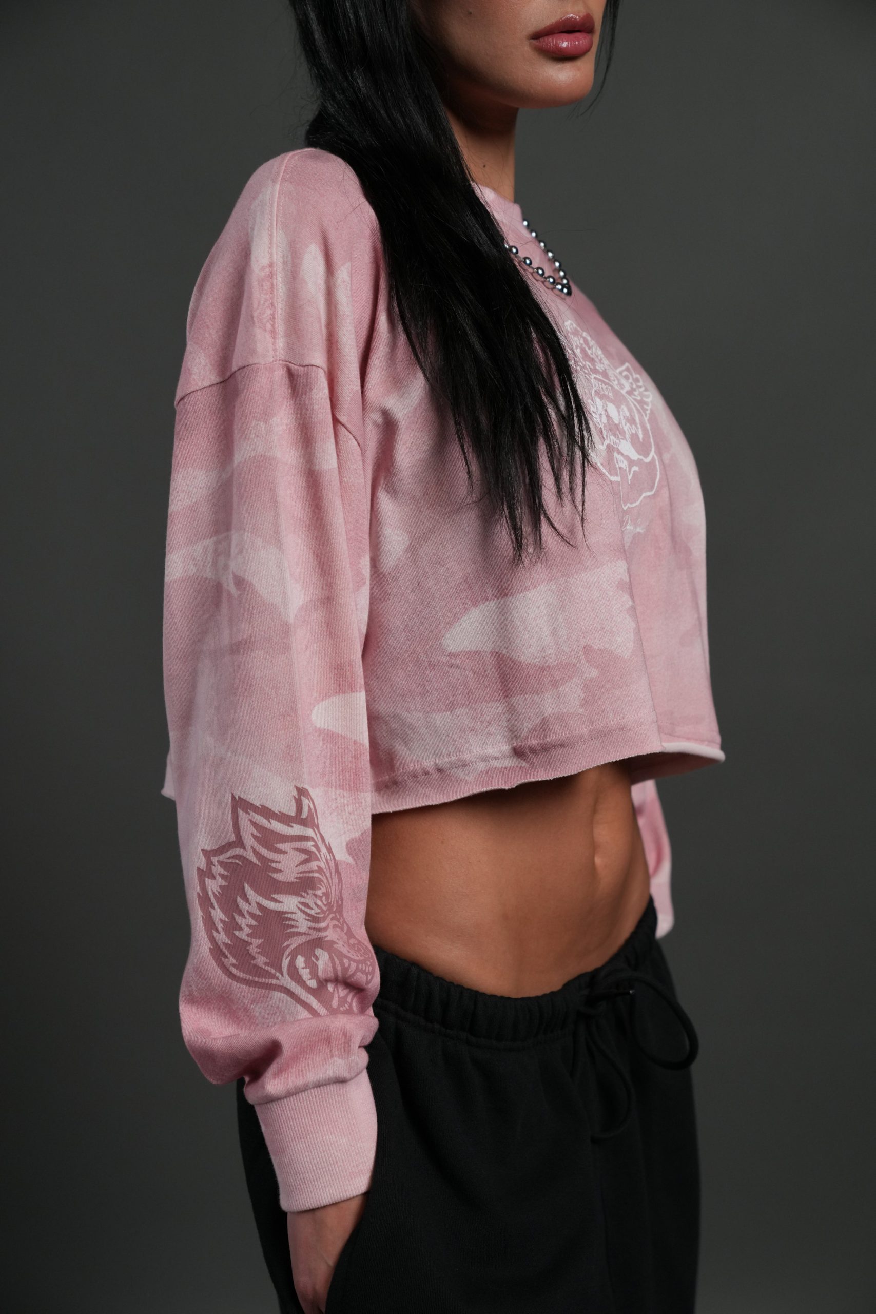 Cherub and the Skull Premium Oversized Cropped L/S Tee in Blush Vintage Woodland Camo - Image 7
