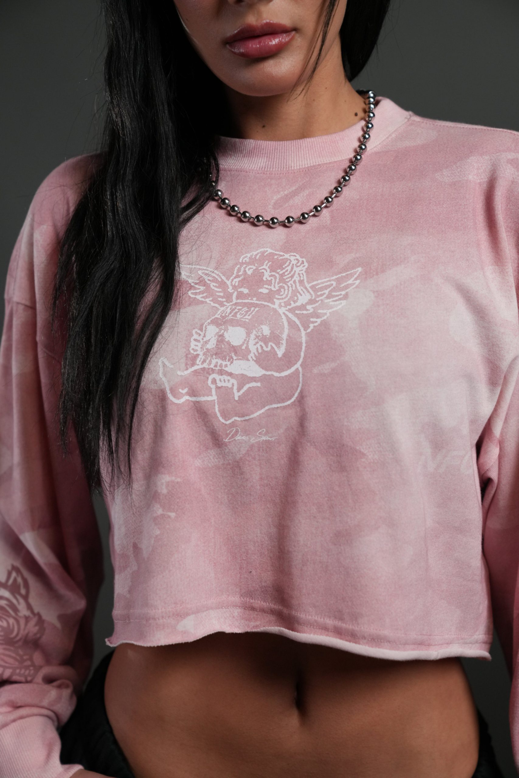 Cherub and the Skull Premium Oversized Cropped L/S Tee in Blush Vintage Woodland Camo - Image 5