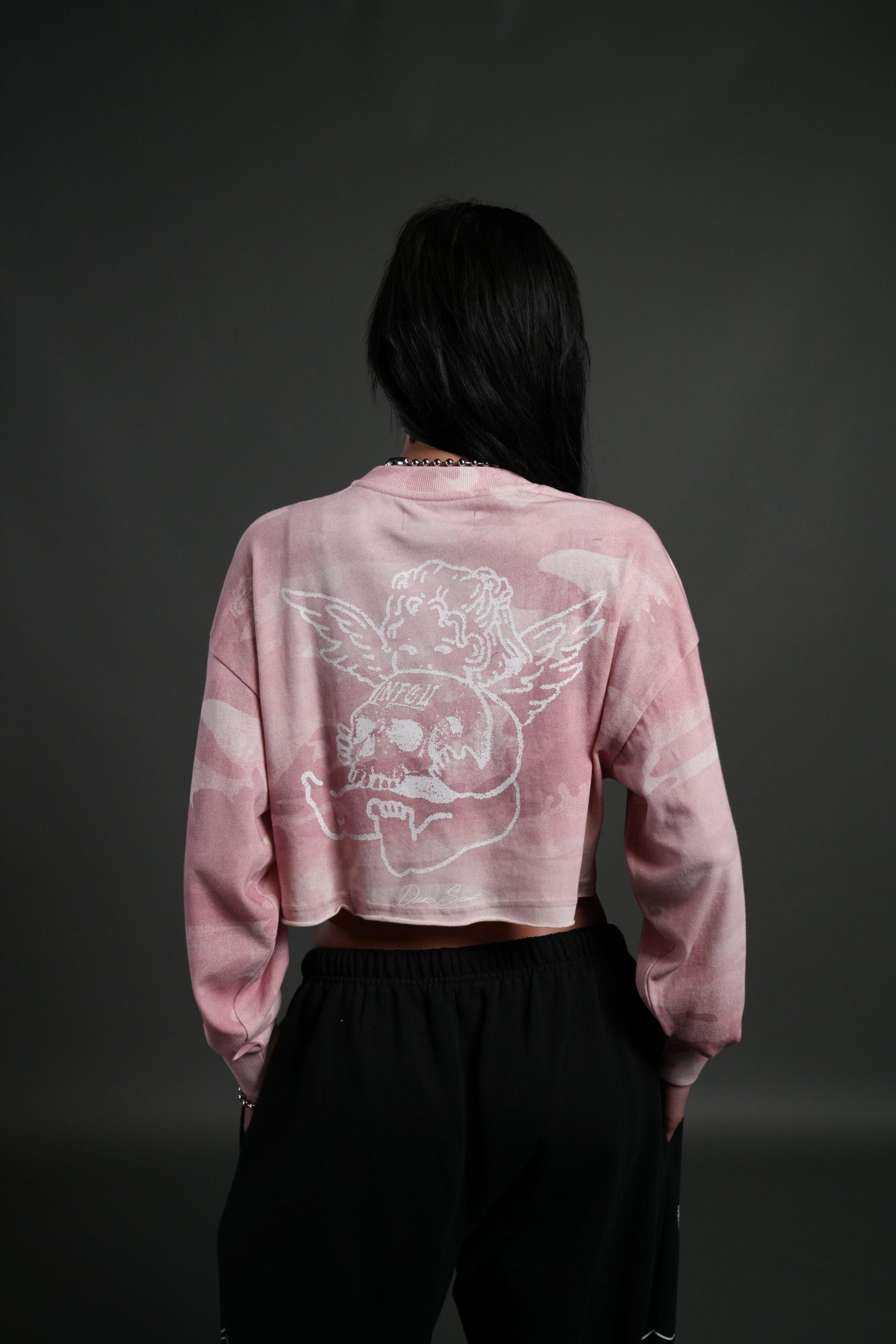Cherub and the Skull Premium Oversized Cropped L/S Tee in Blush Vintage Woodland Camo - Image 2