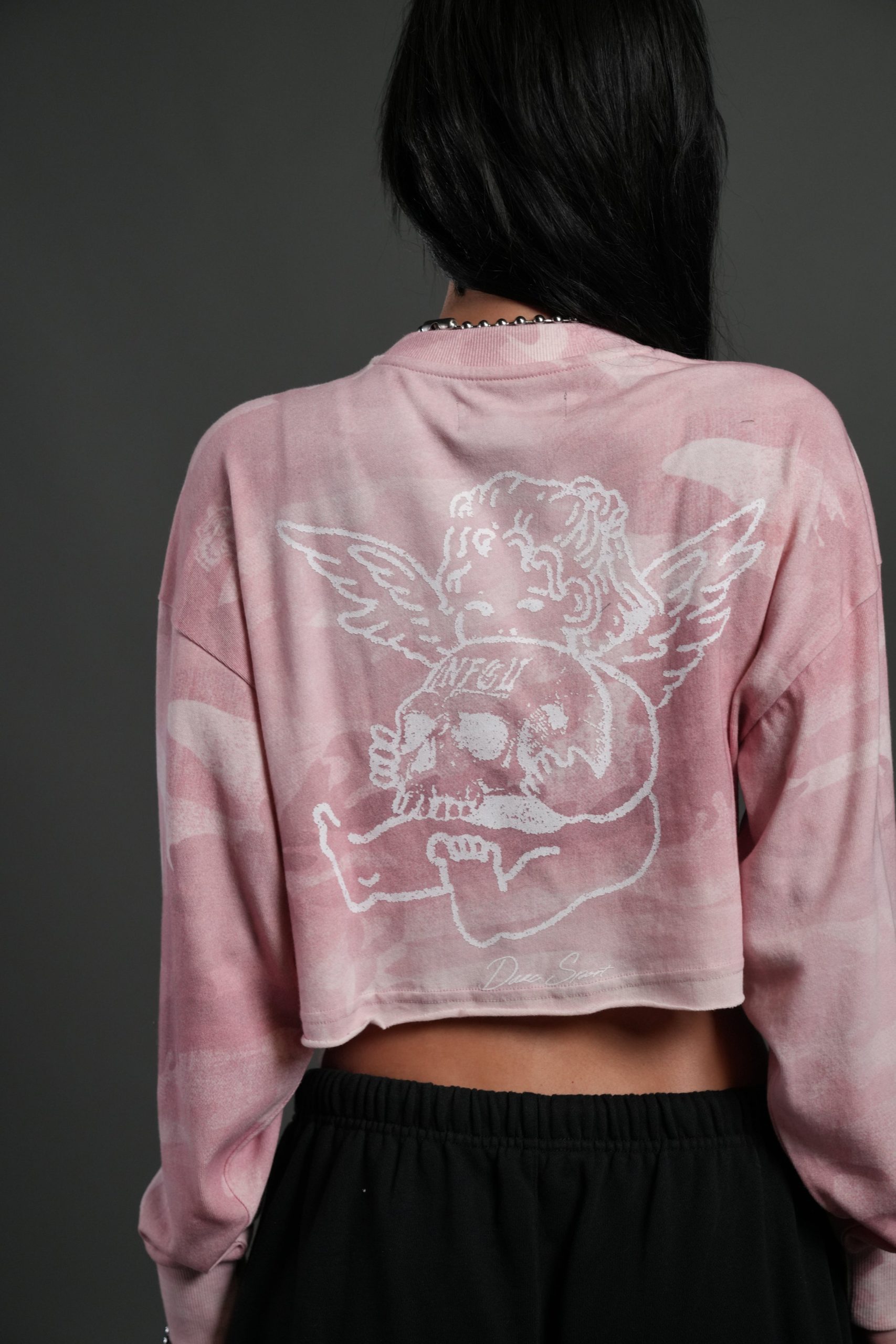 Cherub and the Skull Premium Oversized Cropped L/S Tee in Blush Vintage Woodland Camo - Image 6