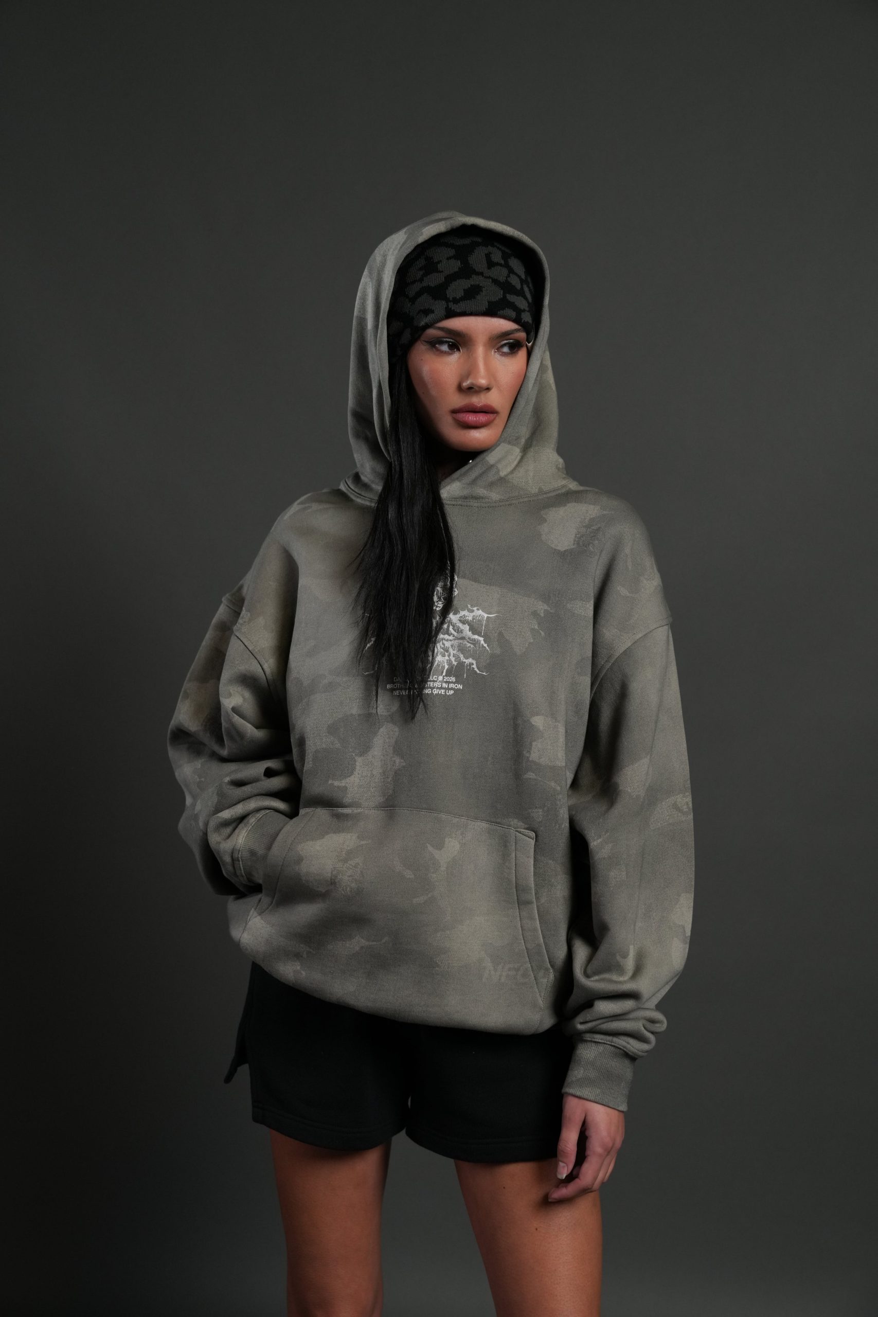 Drip Hesh WLVS FRVR Unisex Pierce Hoodie in Lush Vintage Woodland Camo - Image 7
