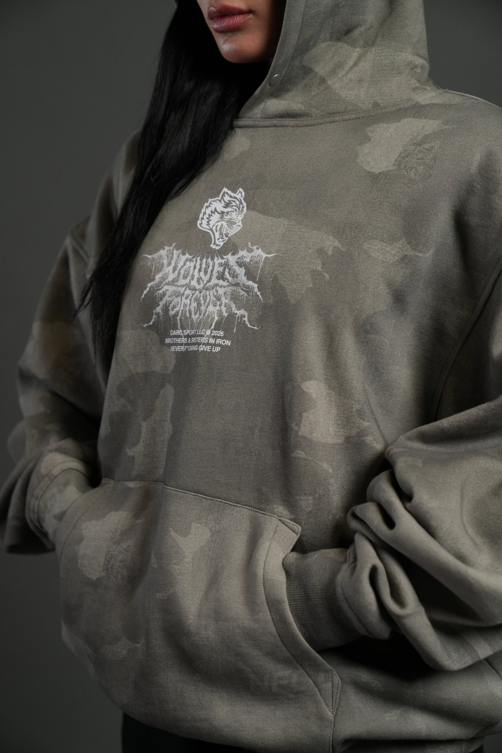 Drip Hesh WLVS FRVR Unisex Pierce Hoodie in Lush Vintage Woodland Camo - Image 11
