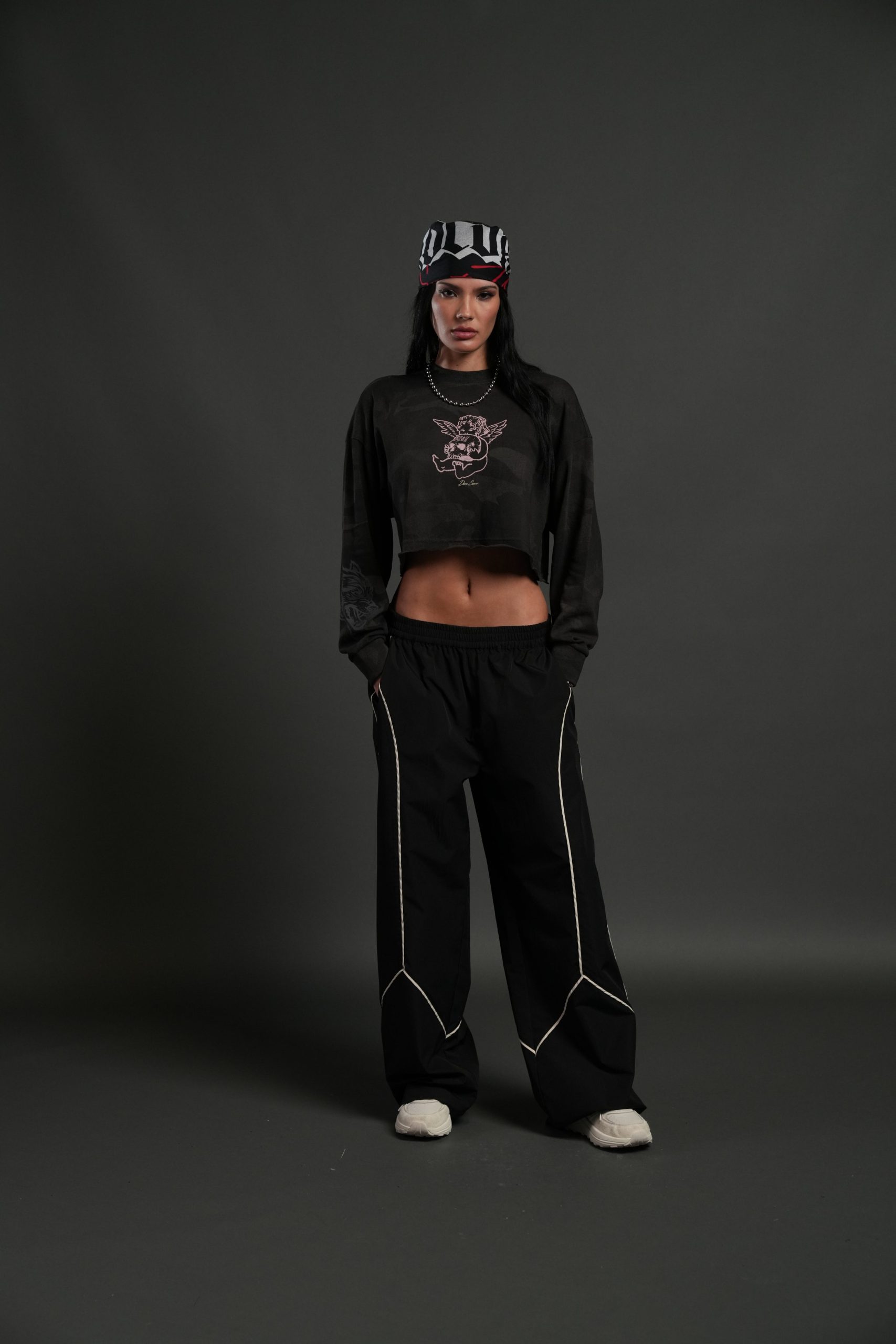 Cherub and the Skull Premium Oversized Cropped L/S Tee in Black Vintage Woodland Camo - Image 3