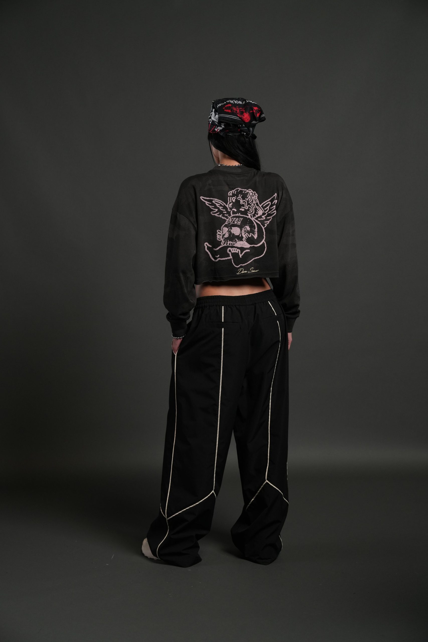 Cherub and the Skull Premium Oversized Cropped L/S Tee in Black Vintage Woodland Camo - Image 4