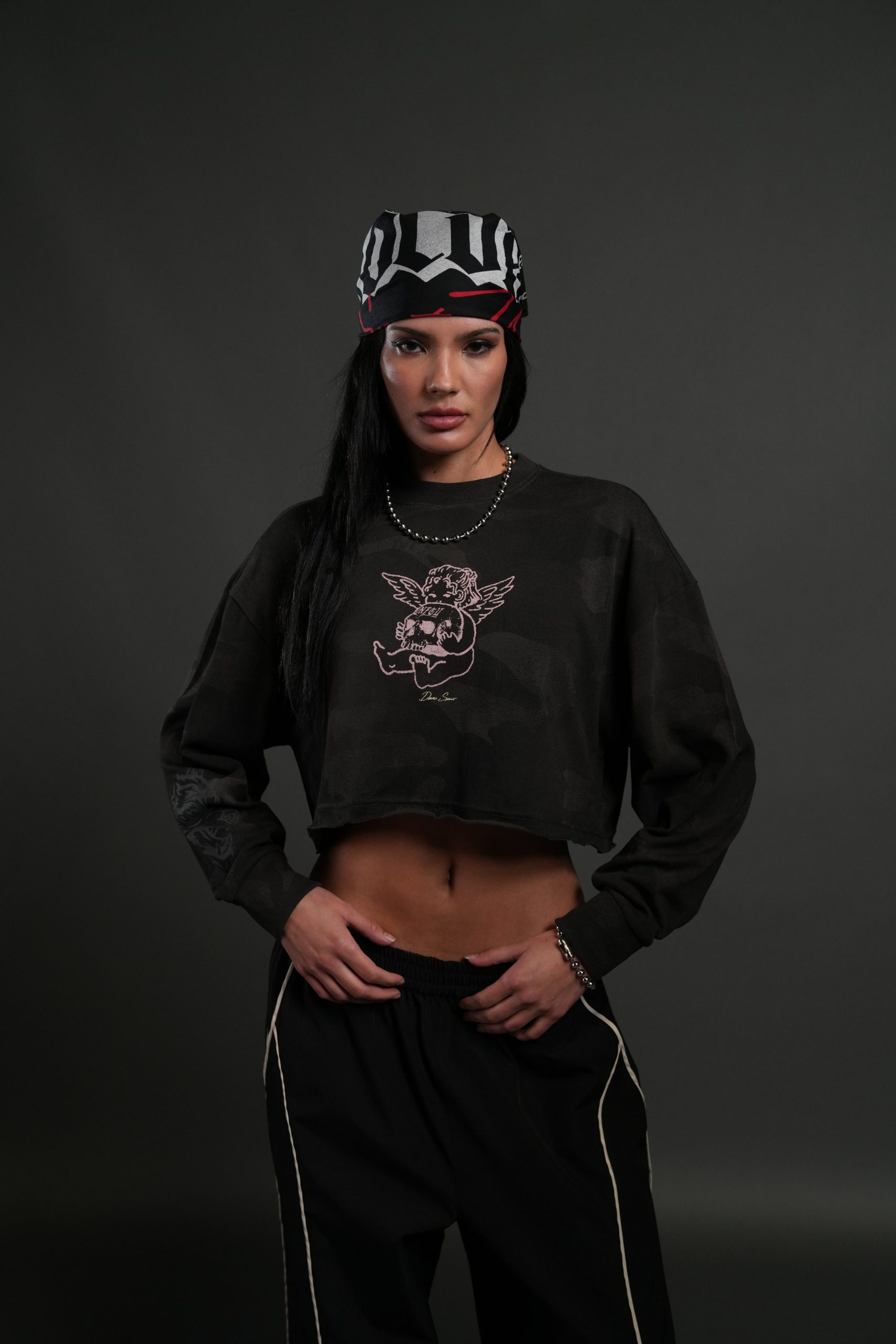 Cherub and the Skull Premium Oversized Cropped L/S Tee in Black Vintage Woodland Camo