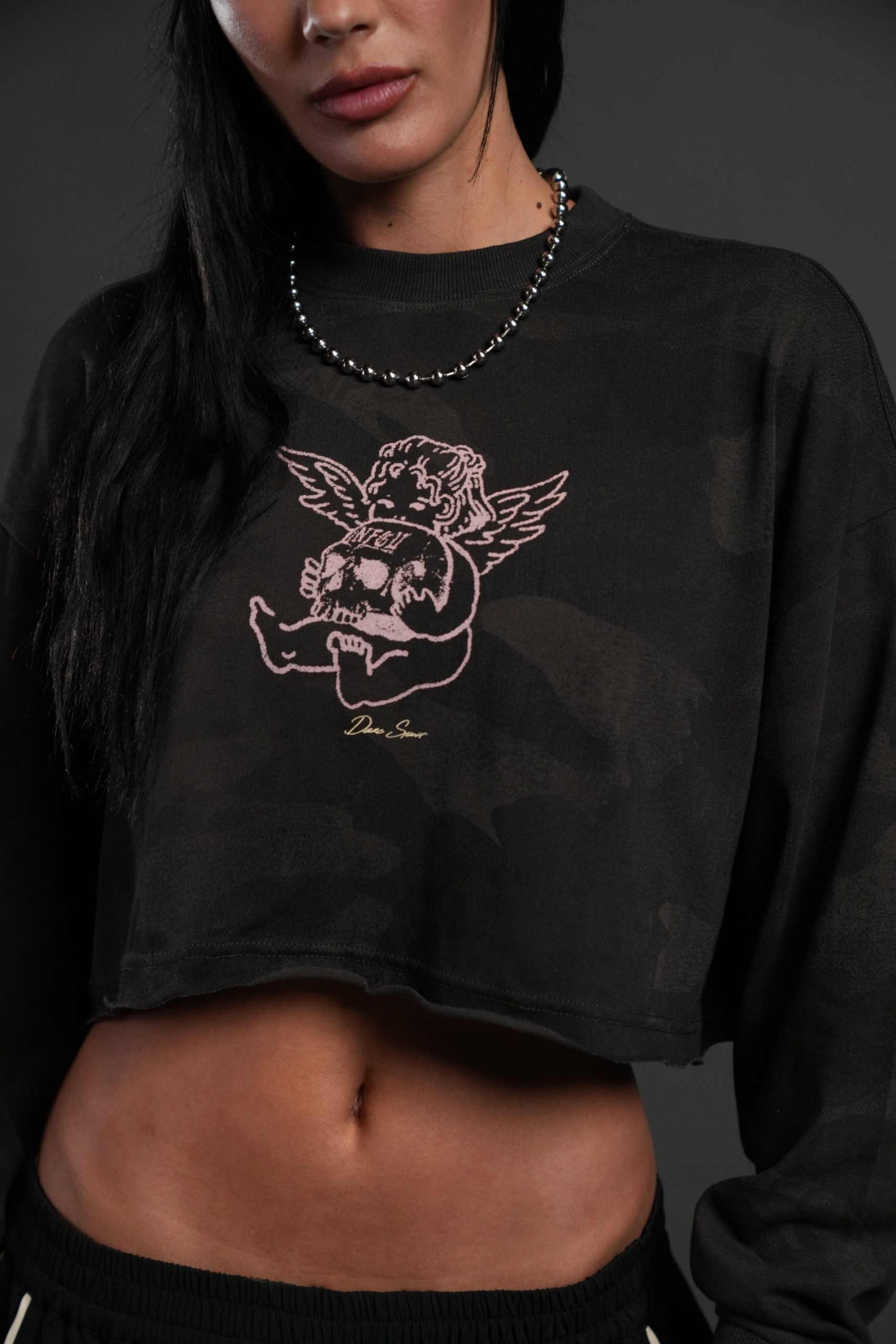 Cherub and the Skull Premium Oversized Cropped L/S Tee in Black Vintage Woodland Camo - Image 5