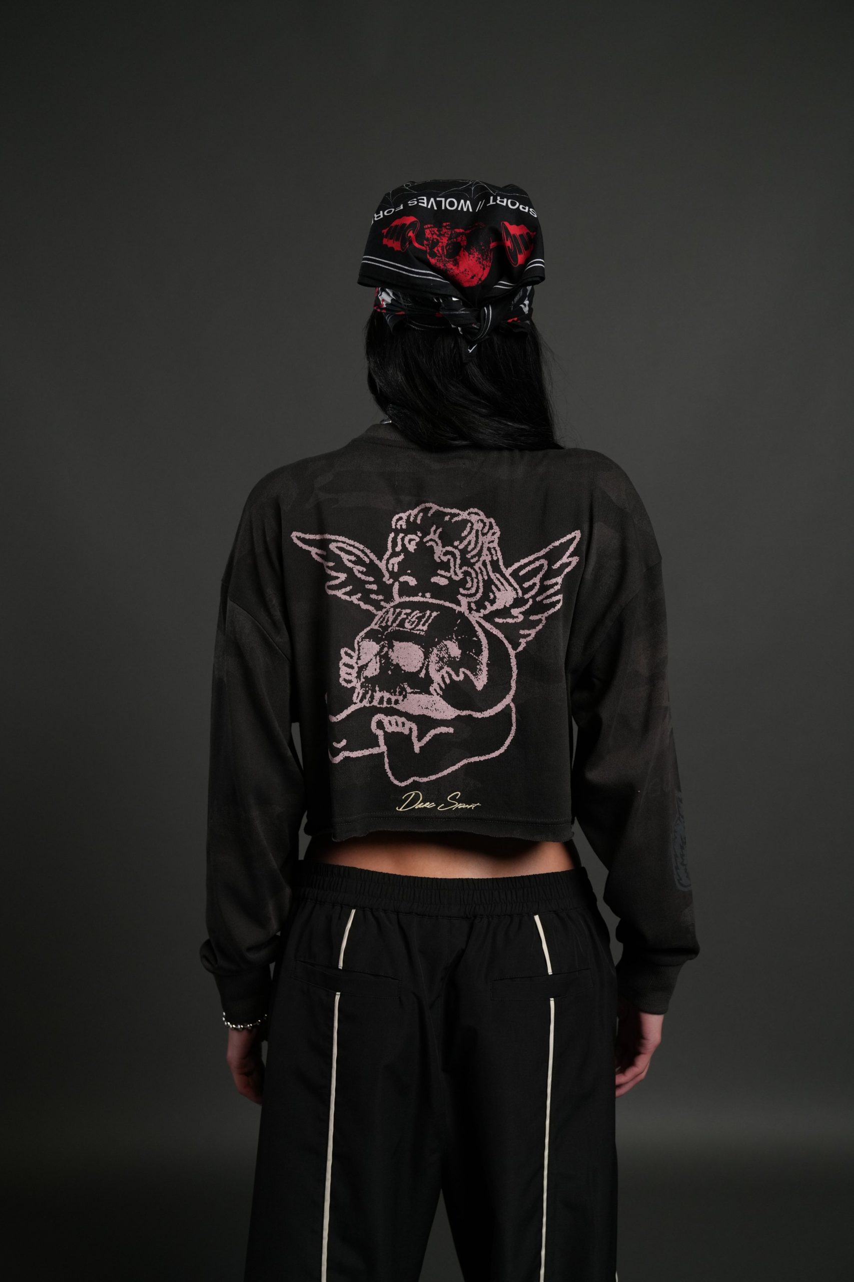 Cherub and the Skull Premium Oversized Cropped L/S Tee in Black Vintage Woodland Camo - Image 2