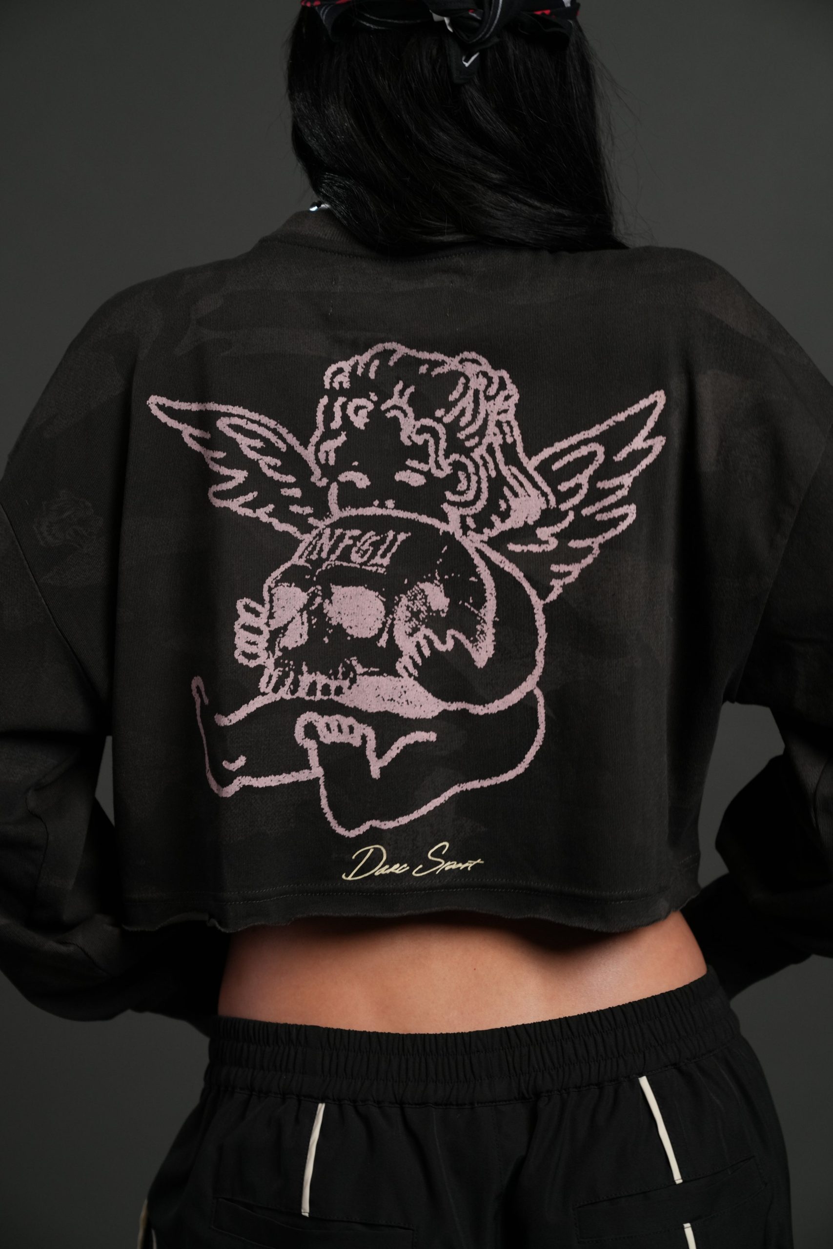 Cherub and the Skull Premium Oversized Cropped L/S Tee in Black Vintage Woodland Camo - Image 6