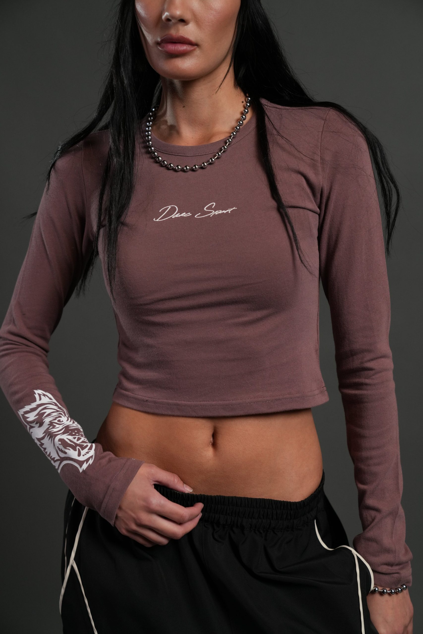 Stone Code L/S Baby Tee in Mauve - Image 5
